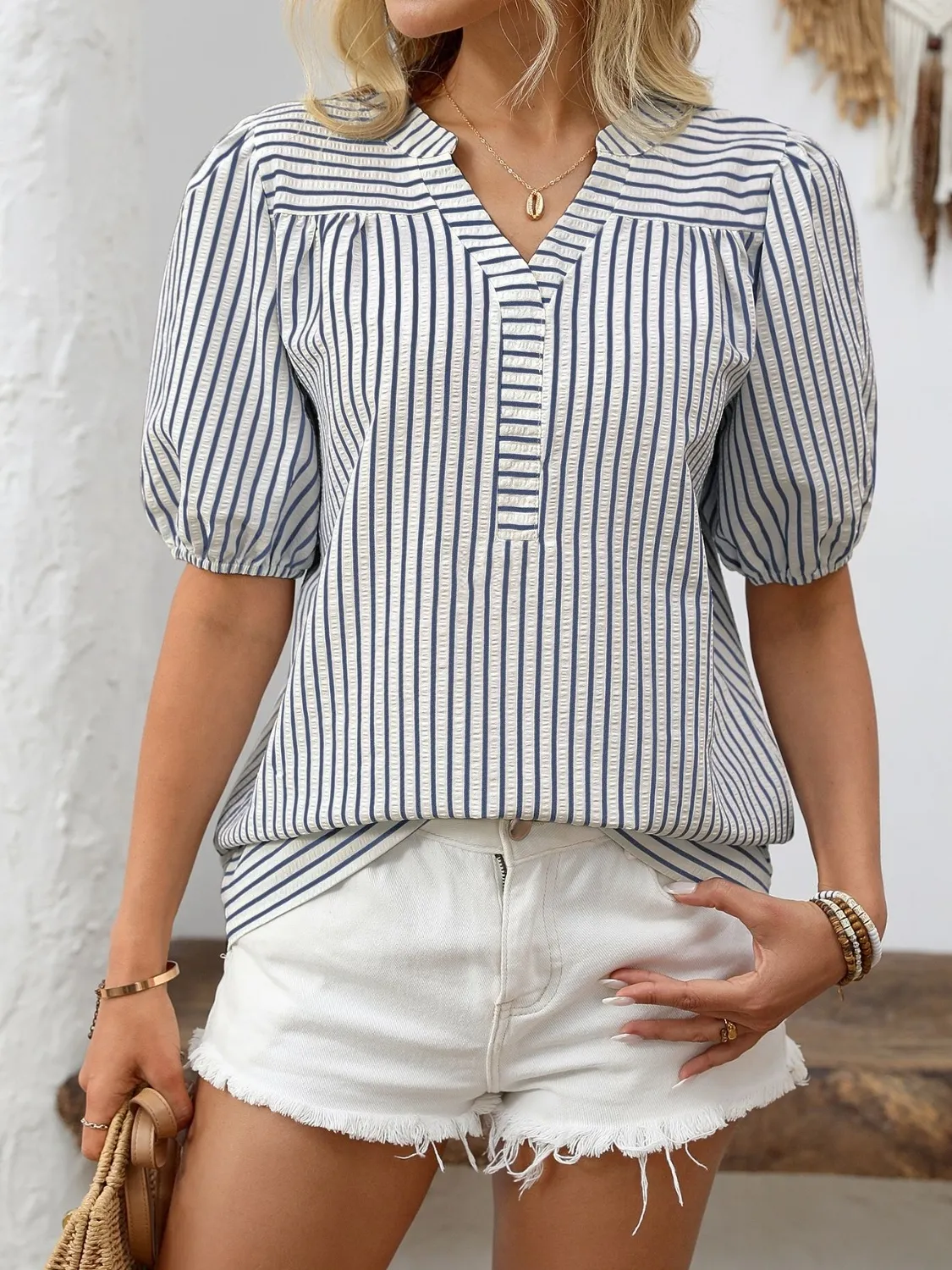 Striped Notched Puff Sleeve Blouse - Image 5