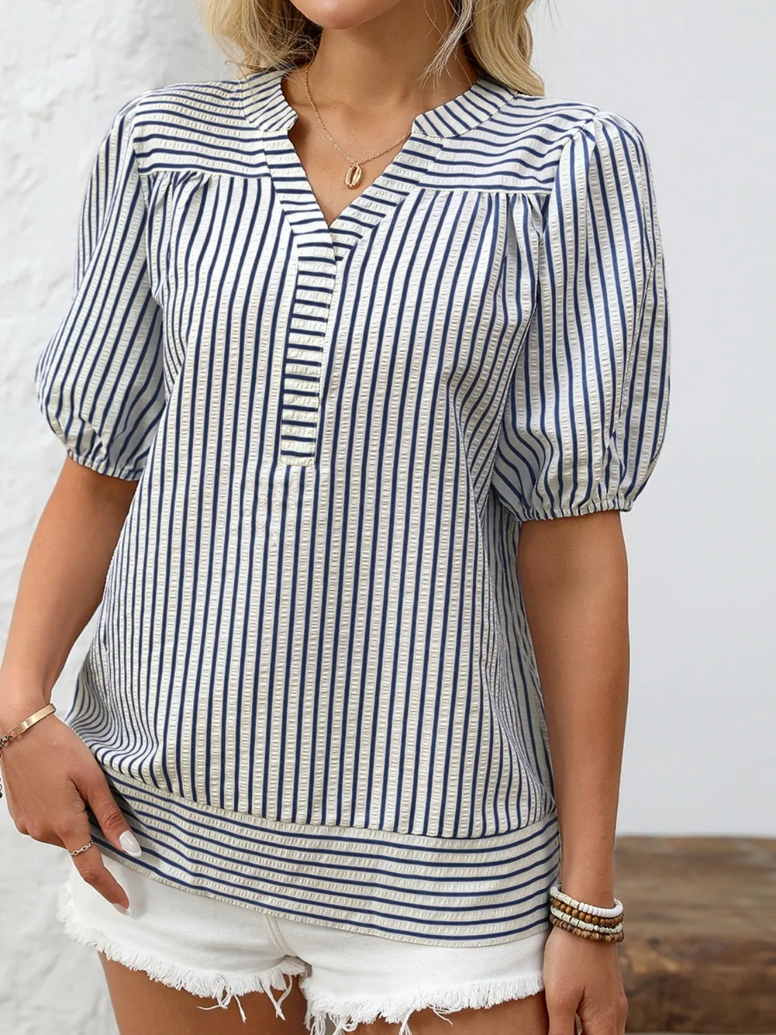 Striped Notched Puff Sleeve Blouse - Image 6