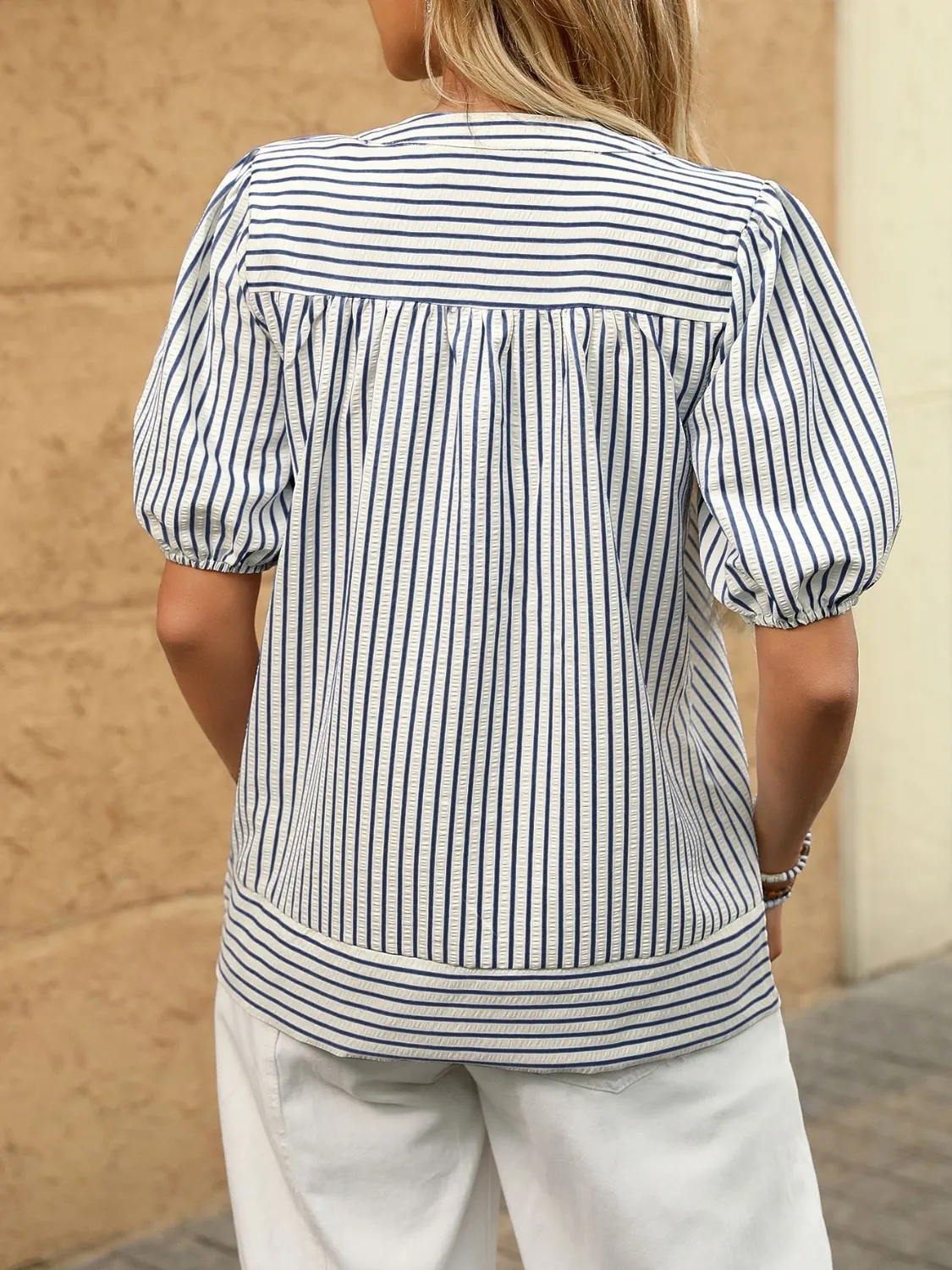 Striped Notched Puff Sleeve Blouse - Image 7