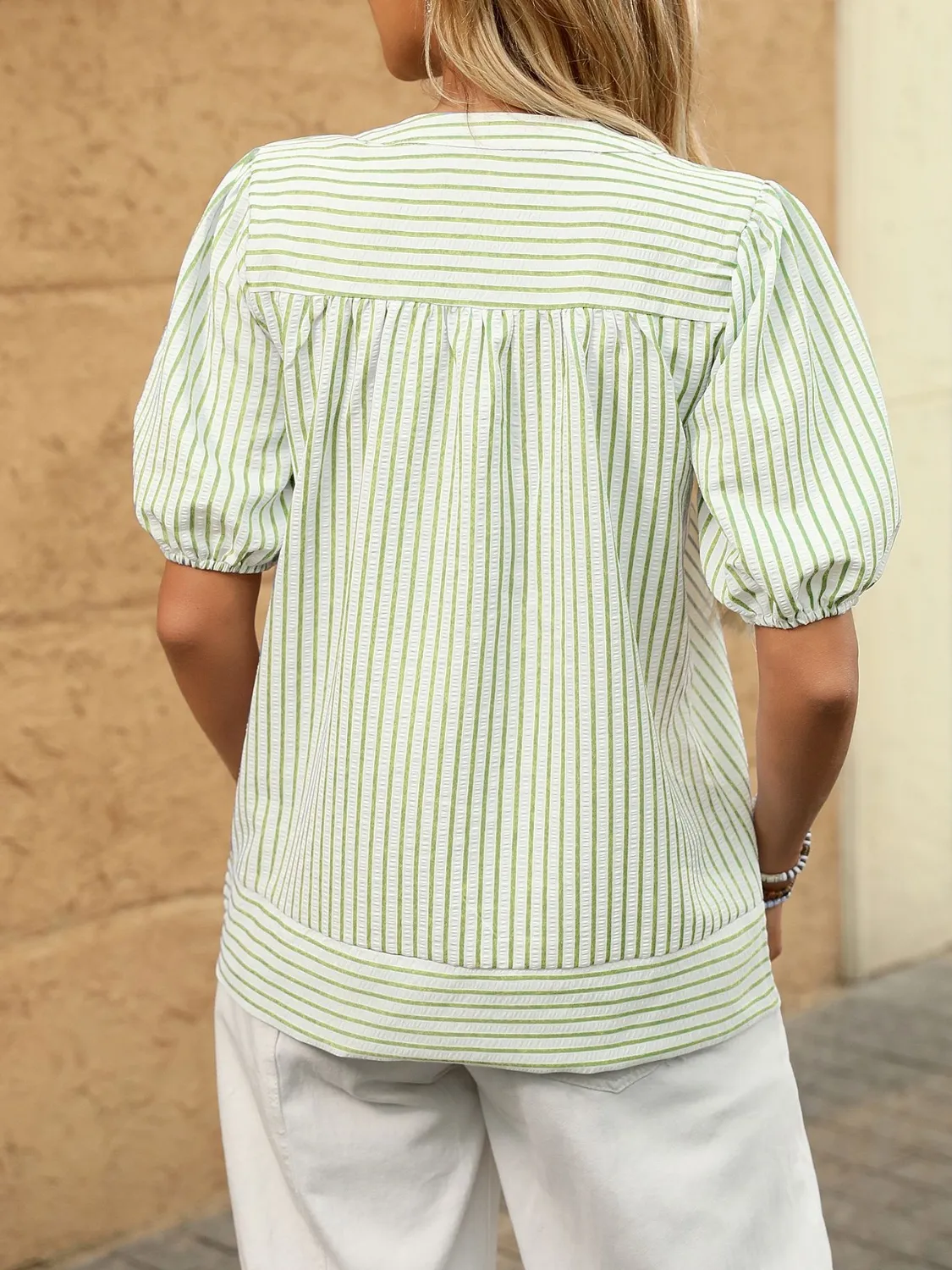Striped Notched Puff Sleeve Blouse - Image 9