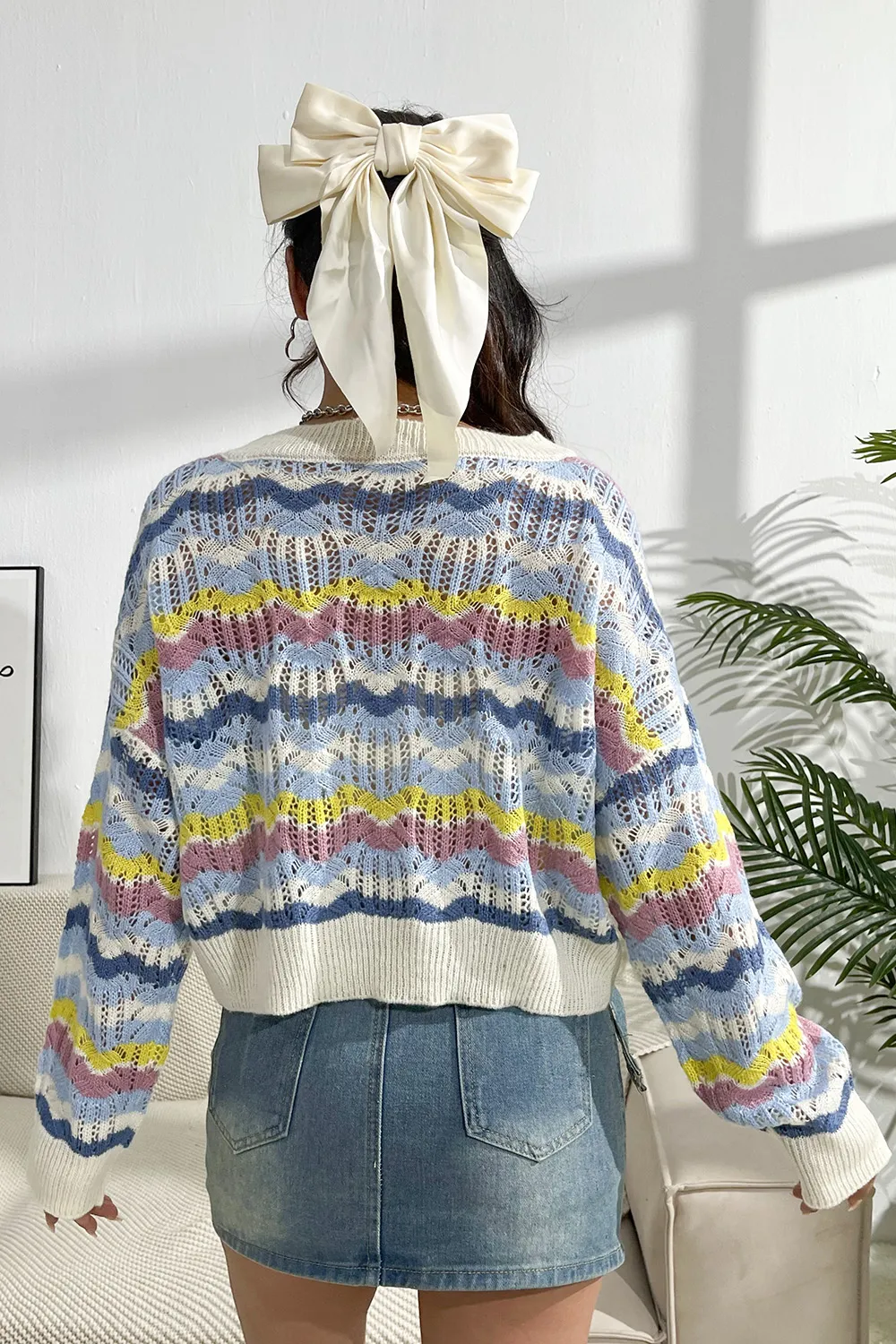 Striped Openwork Dropped Shoulder Sweater - Image 2