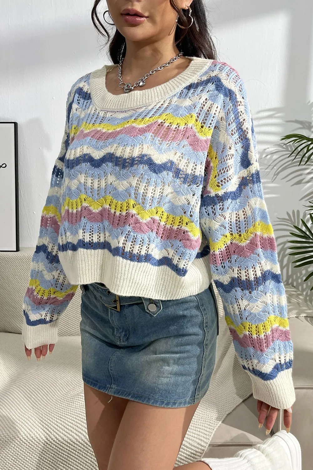 Striped Openwork Dropped Shoulder Sweater - Image 3