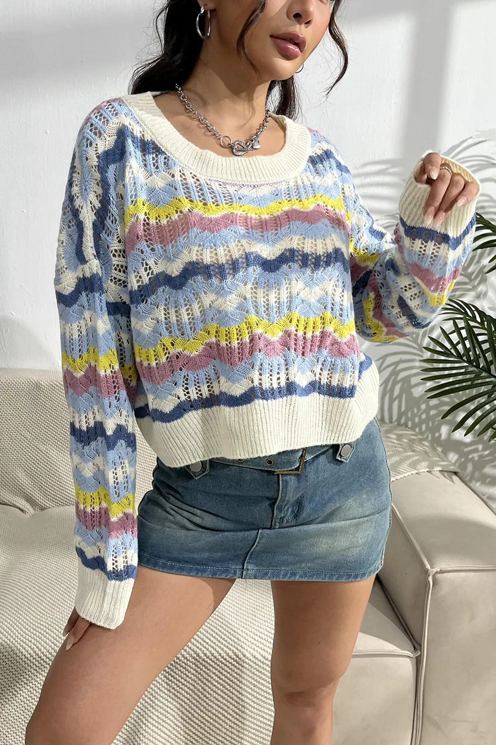 Striped Openwork Dropped Shoulder Sweater - Image 4