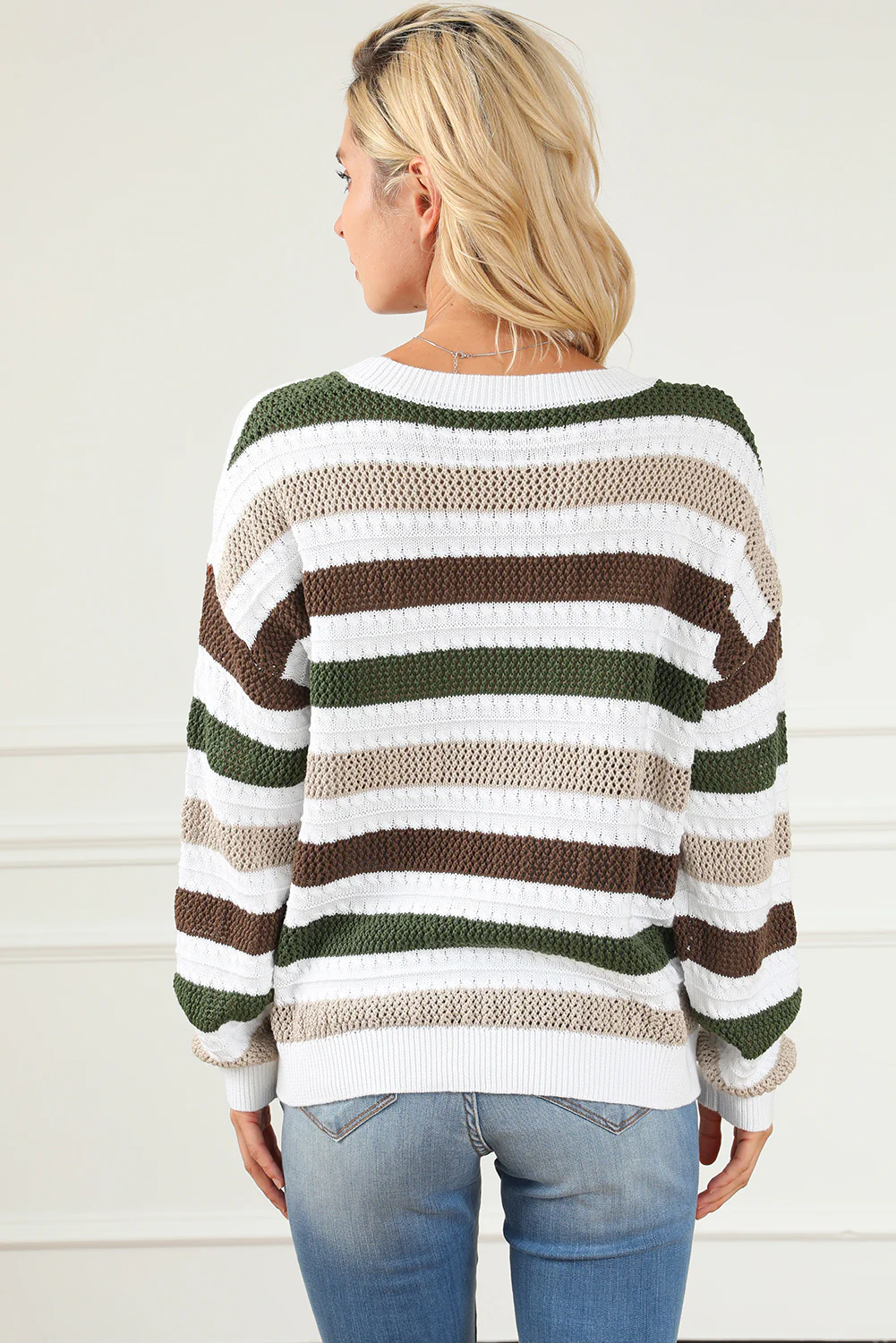 Striped Openwork Dropped Shoulder Sweater - Image 2