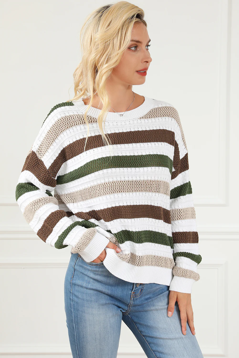 Striped Openwork Dropped Shoulder Sweater - Image 3