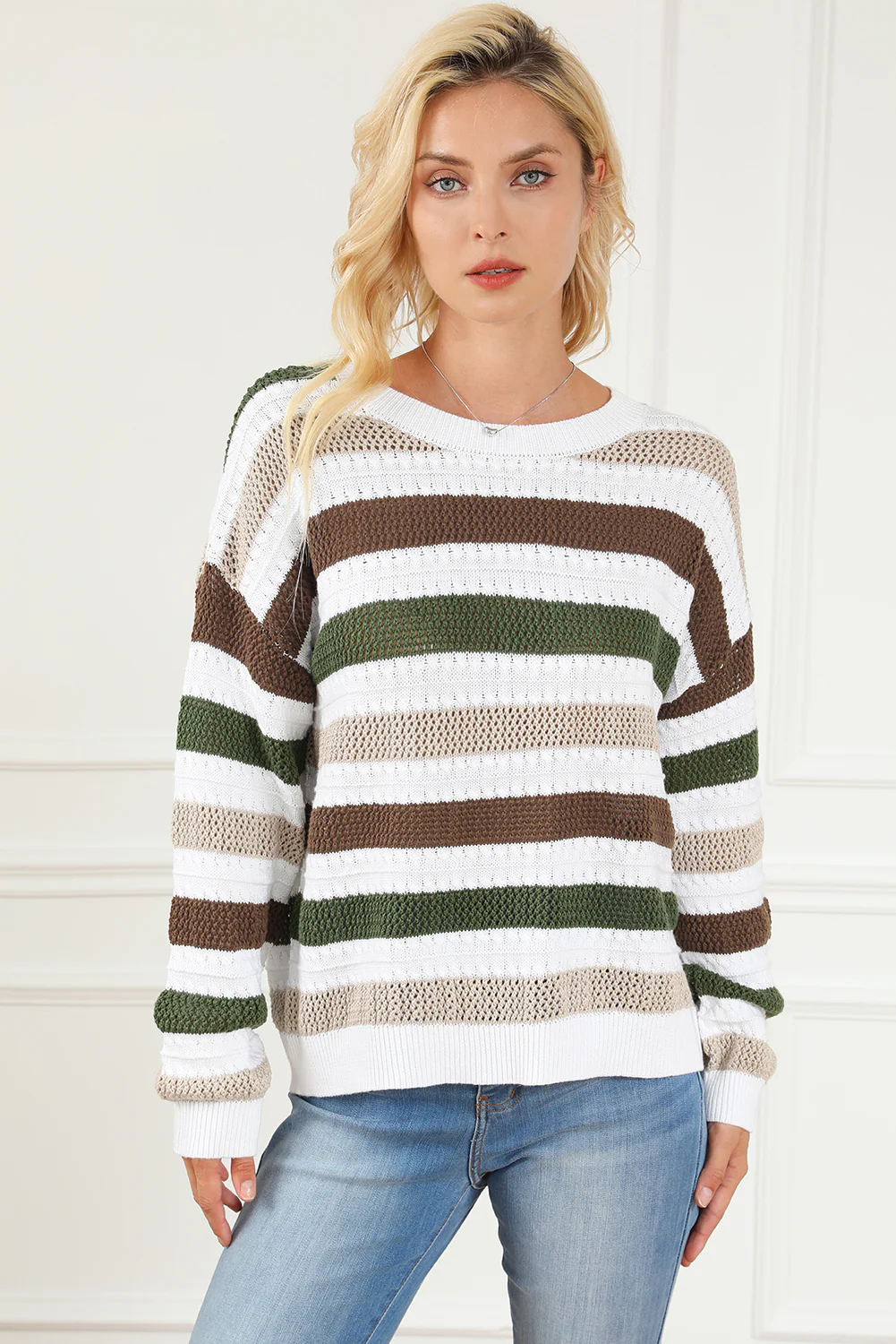 Striped Openwork Dropped Shoulder Sweater - Image 4