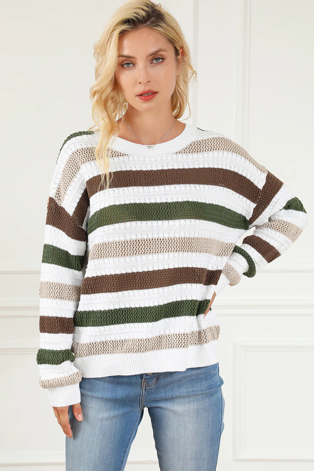 Striped Openwork Dropped Shoulder Sweater - Image 5