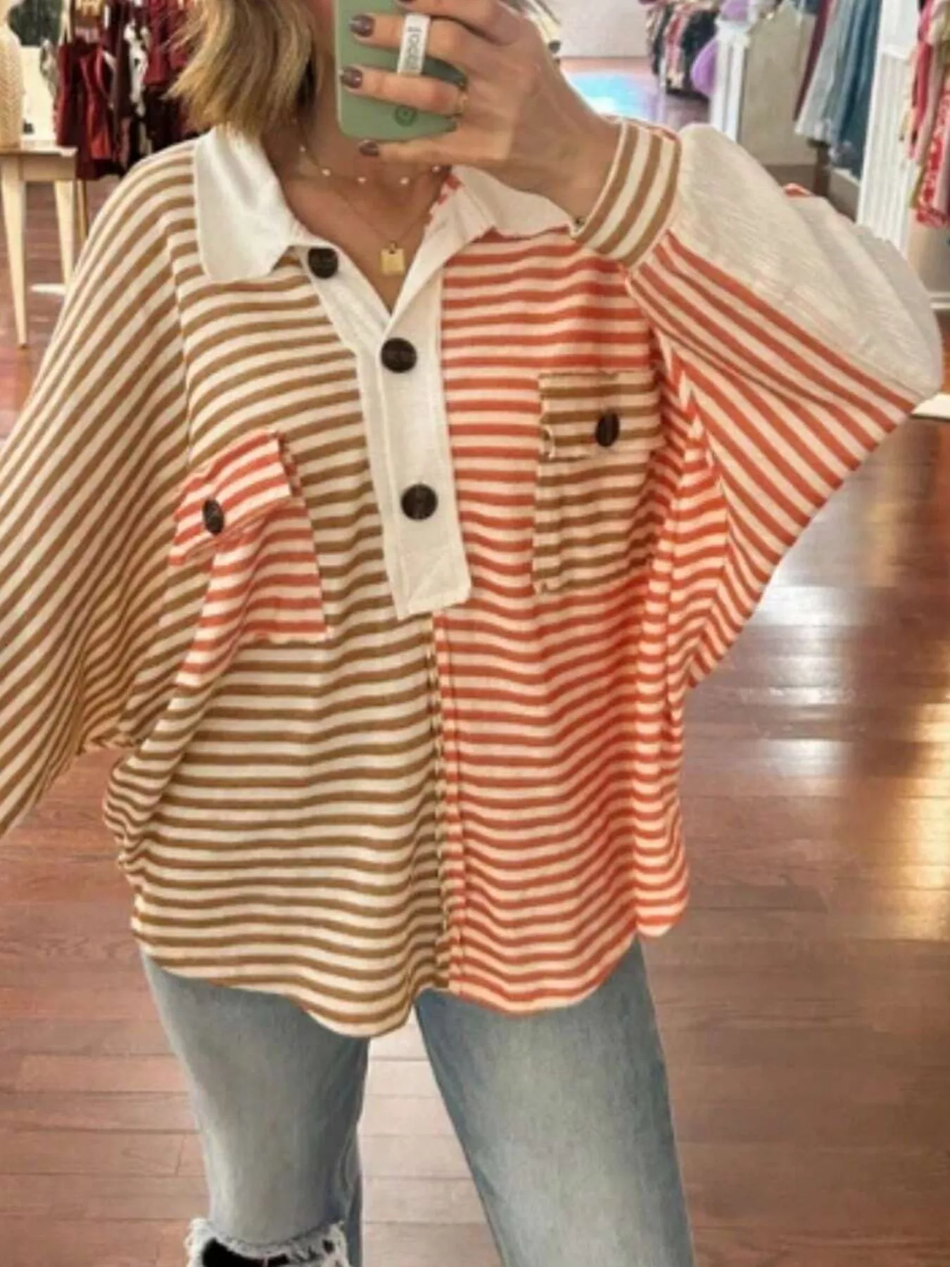 Striped Oversized Half Button Sweatshirt - Image 8