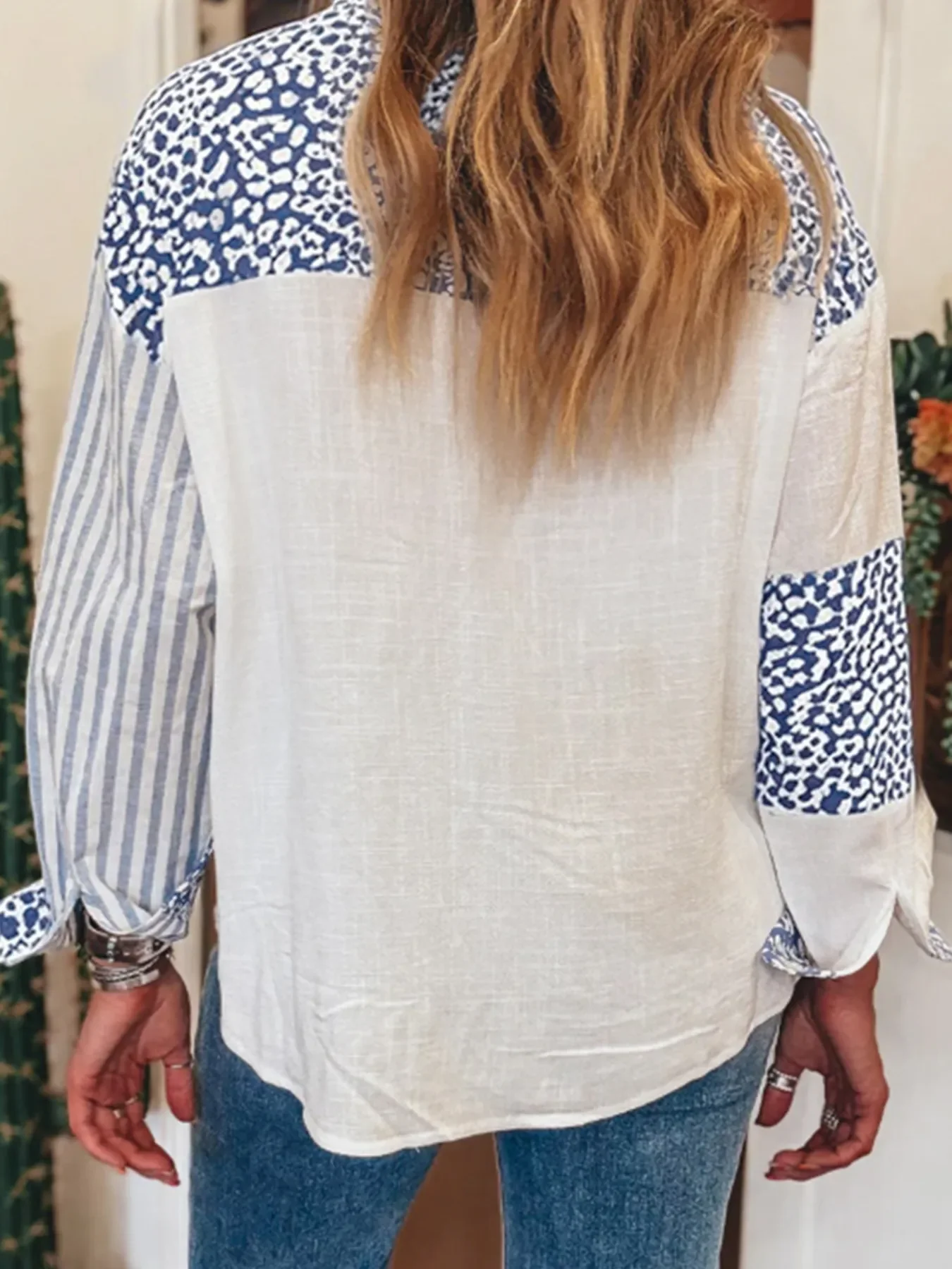 Striped Patchwork Button Down Shirt with Leopard Print Details - Image 2