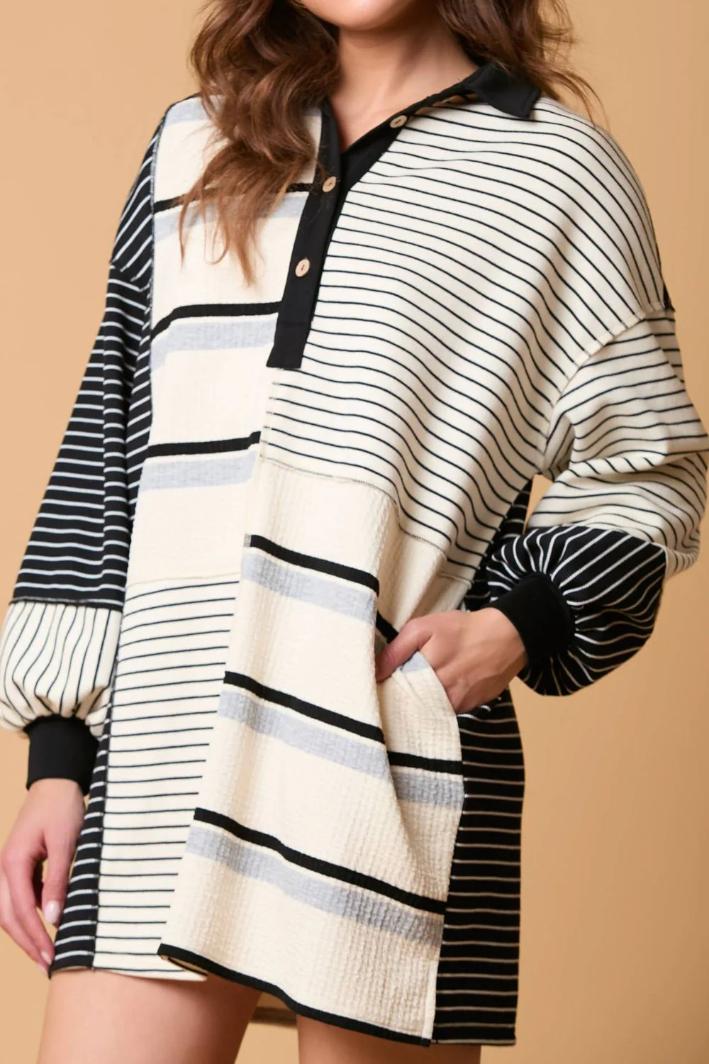 Striped Patchwork Long Sleeve Mini Dress - Image 2