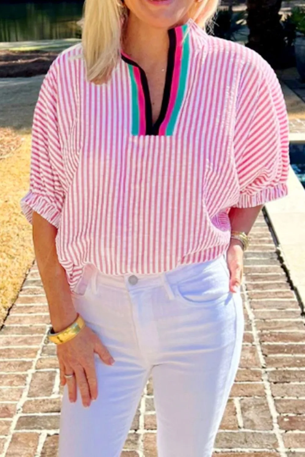Striped Print Contrast Split Neck Dolman Sleeve Blouse - Image 3