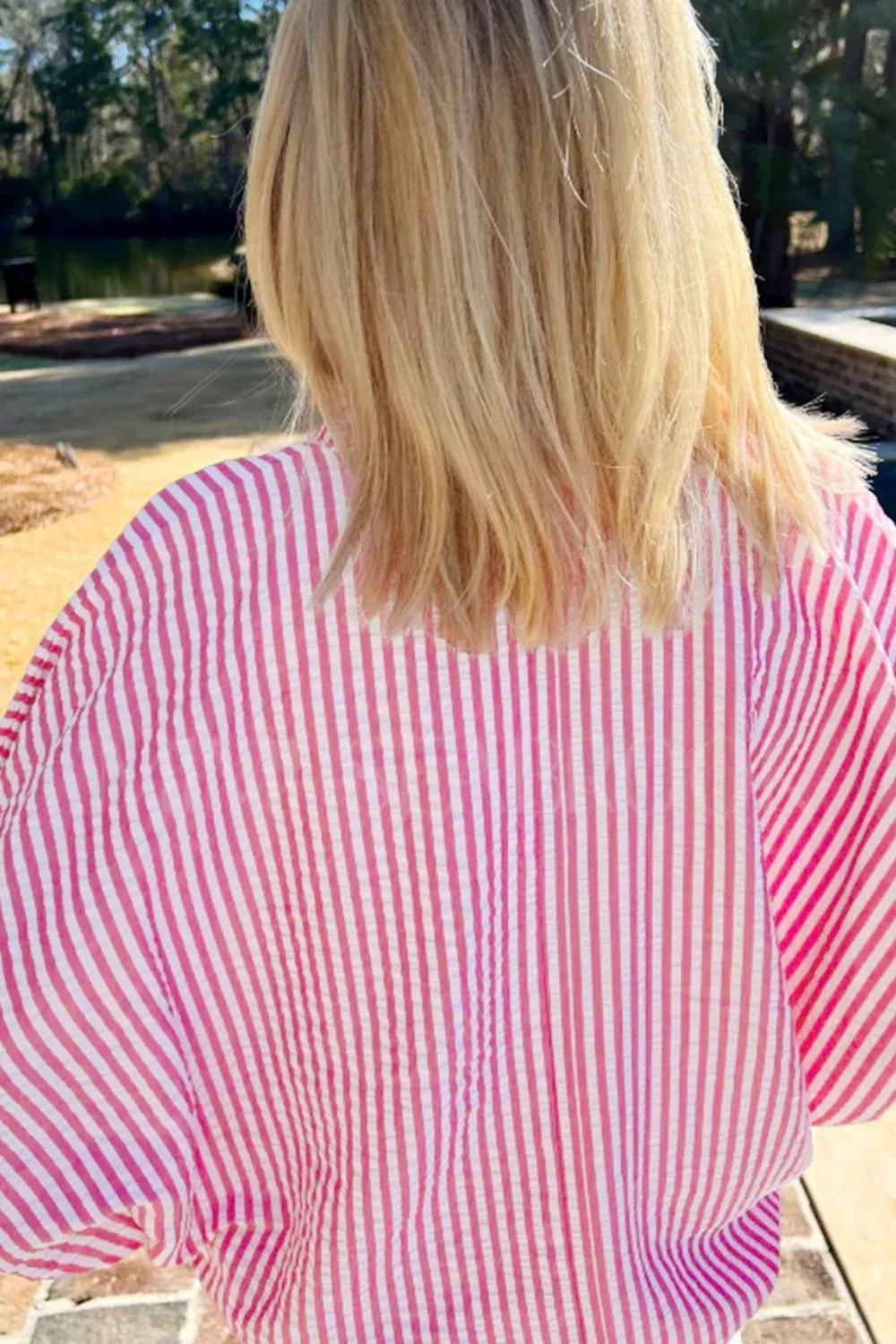 Striped Print Contrast Split Neck Dolman Sleeve Blouse - Image 4