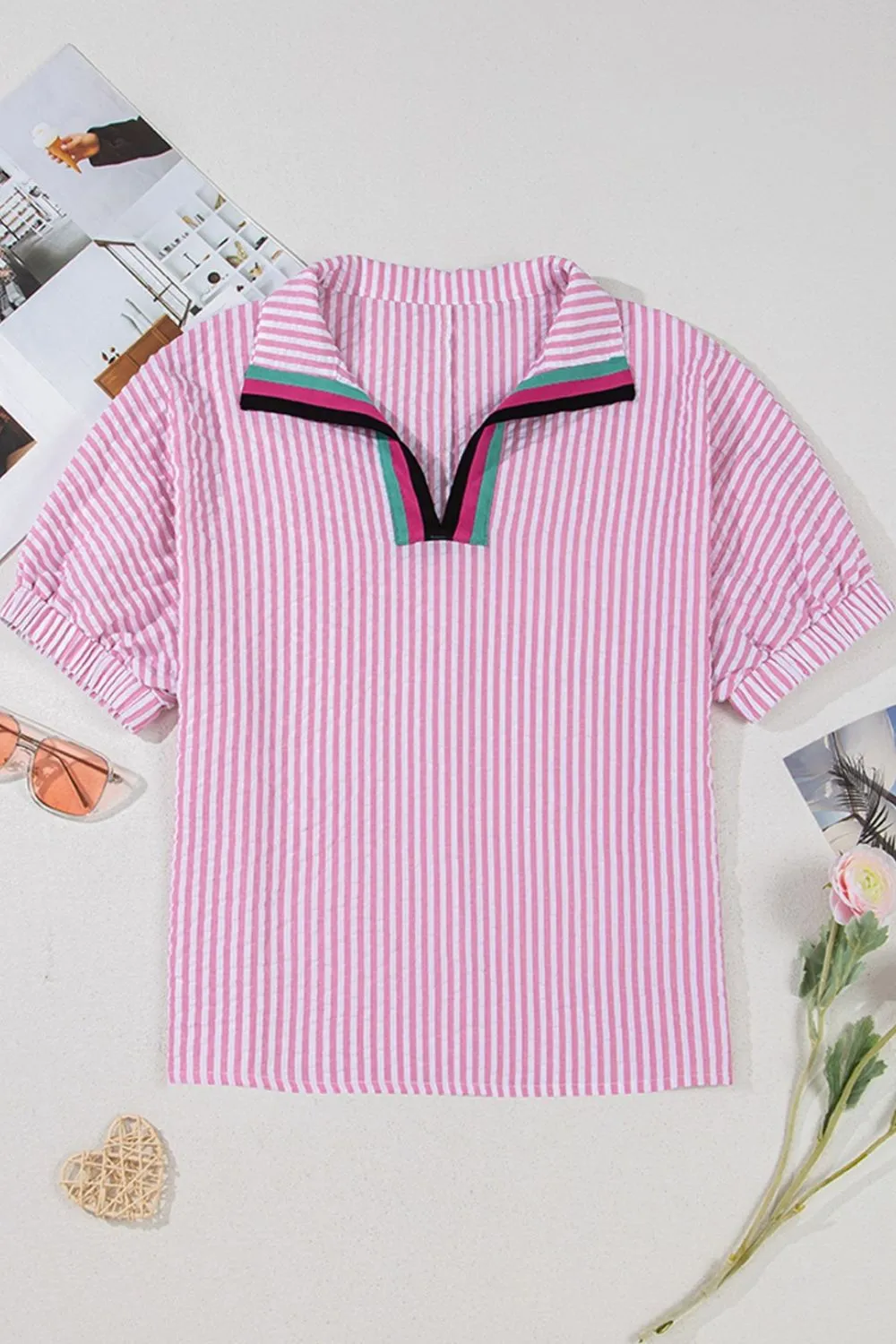 Striped Print Contrast Split Neck Dolman Sleeve Blouse - Image 5