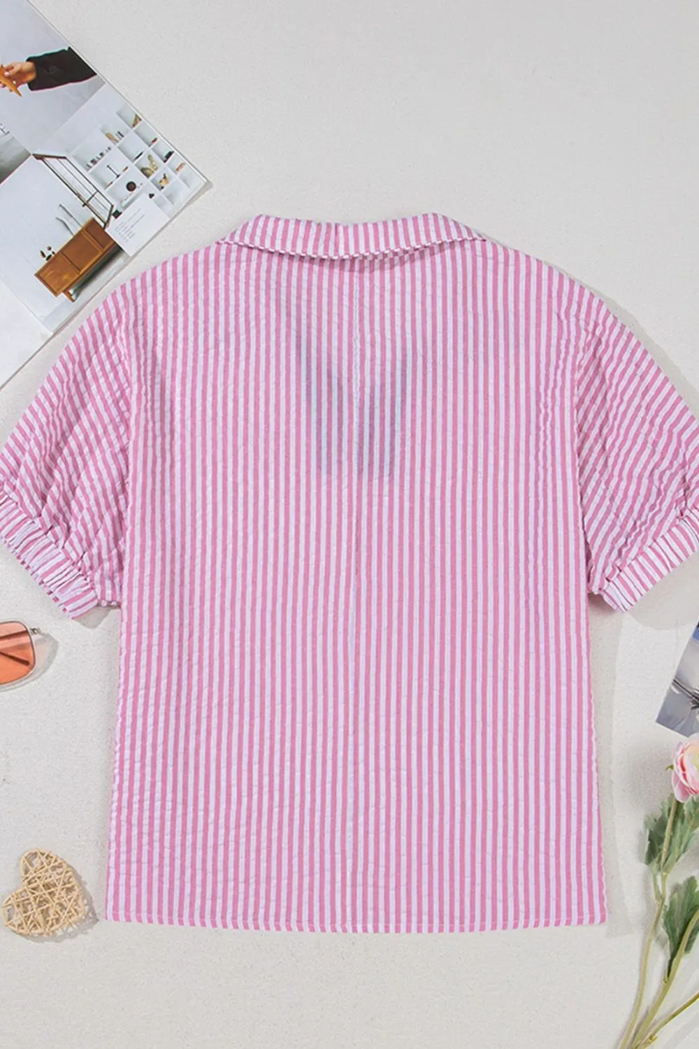 Striped Print Contrast Split Neck Dolman Sleeve Blouse - Image 6