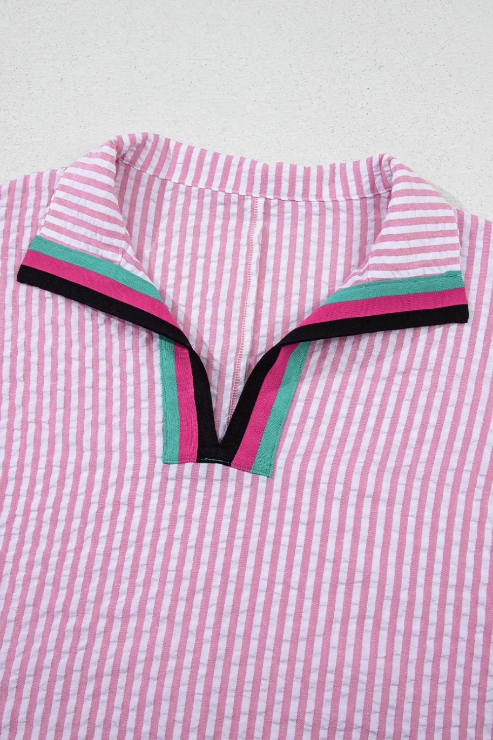 Striped Print Contrast Split Neck Dolman Sleeve Blouse - Image 7