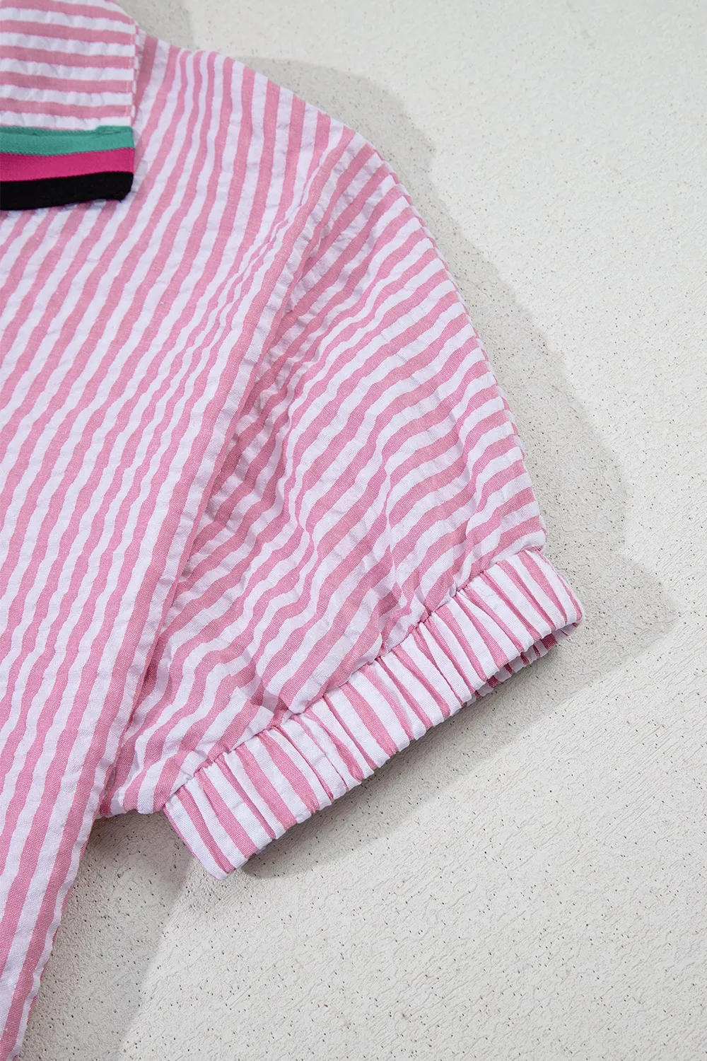Striped Print Contrast Split Neck Dolman Sleeve Blouse - Image 9