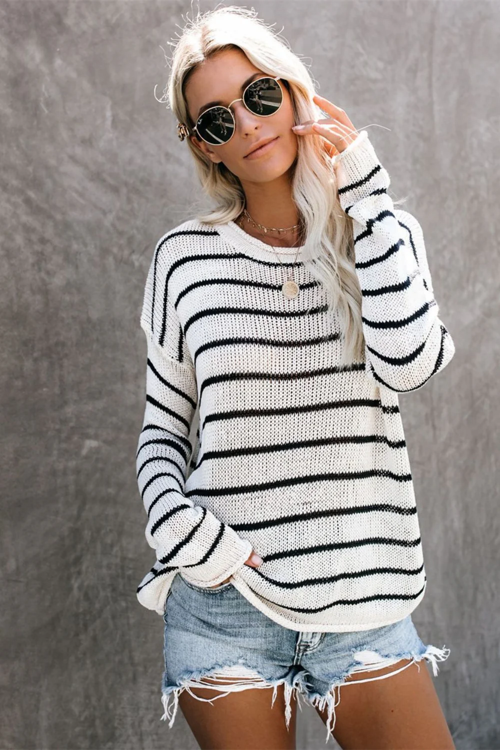 Striped Round Neck Drop Shoulder Sweater - Image 3