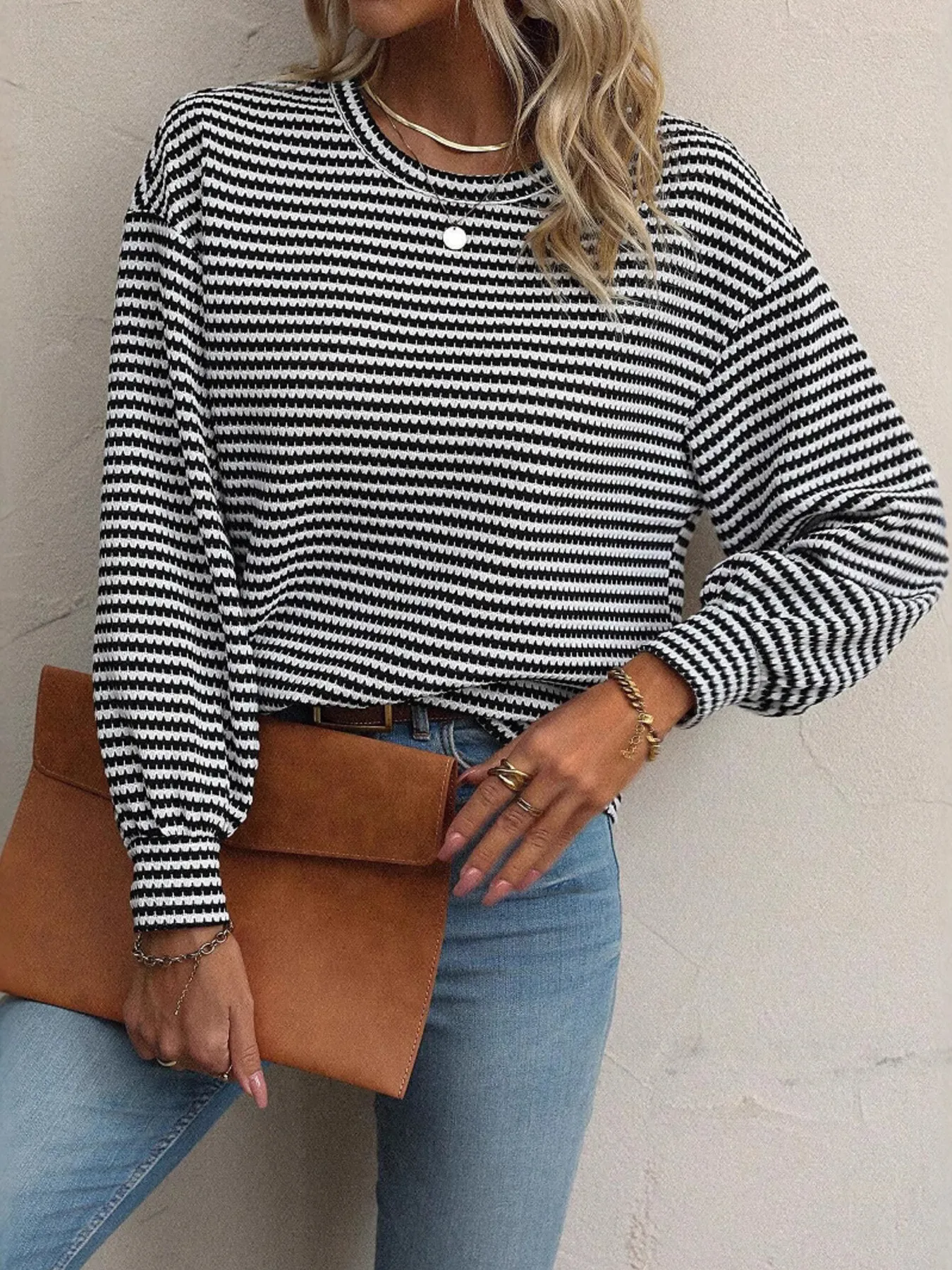 Striped Round Neck Lantern Sleeve Top - Image 2
