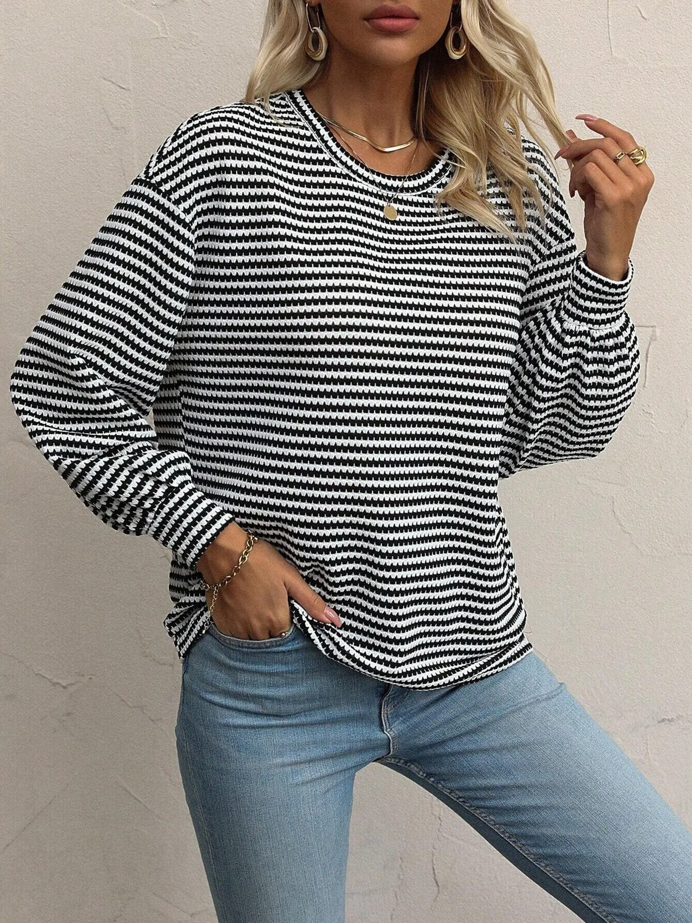 Striped Round Neck Lantern Sleeve Top - Image 6