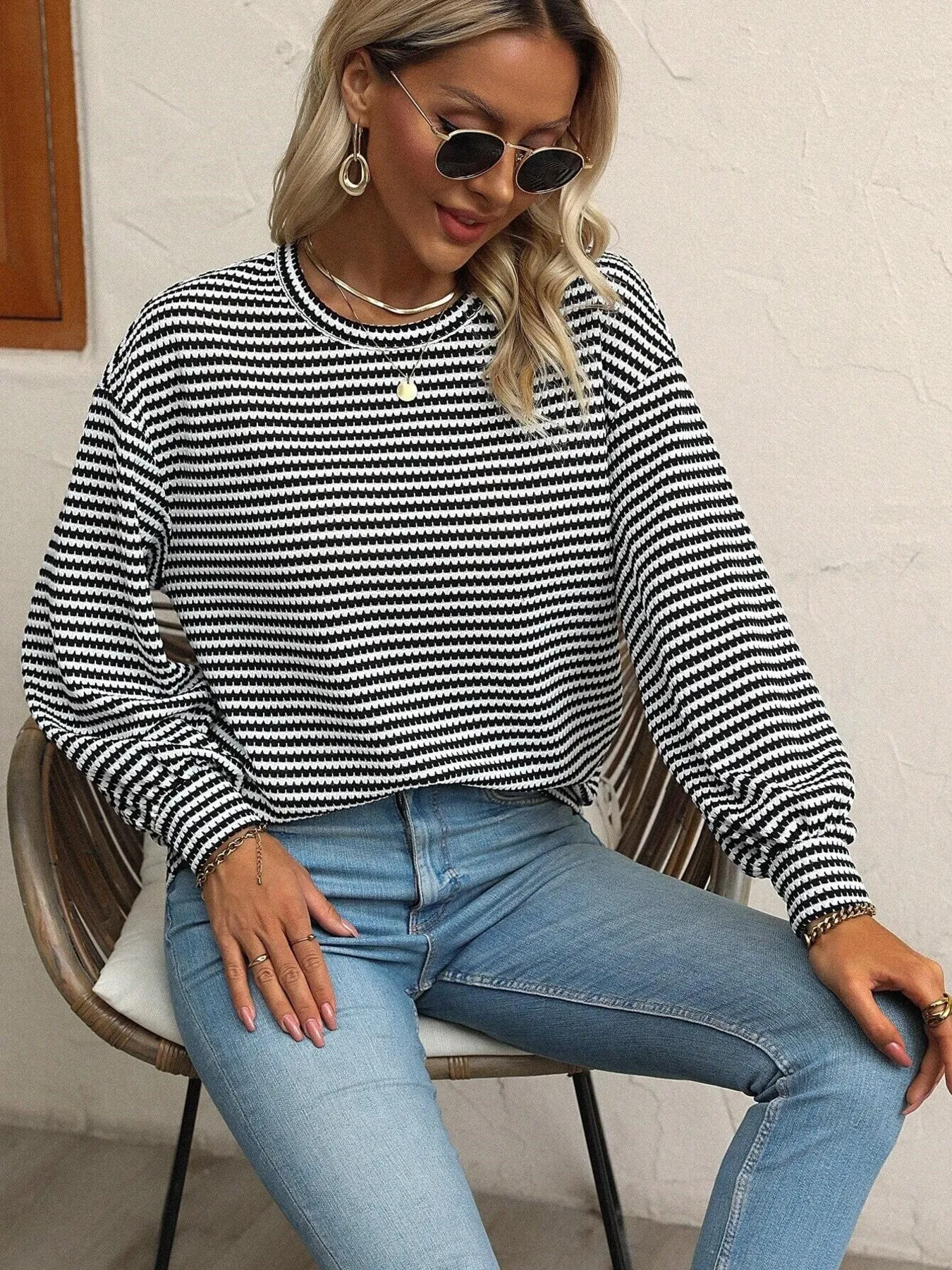 Striped Round Neck Lantern Sleeve Top - Image 8