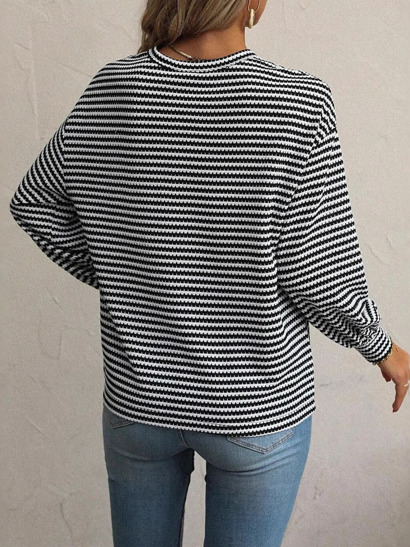Striped Round Neck Lantern Sleeve Top - Image 9