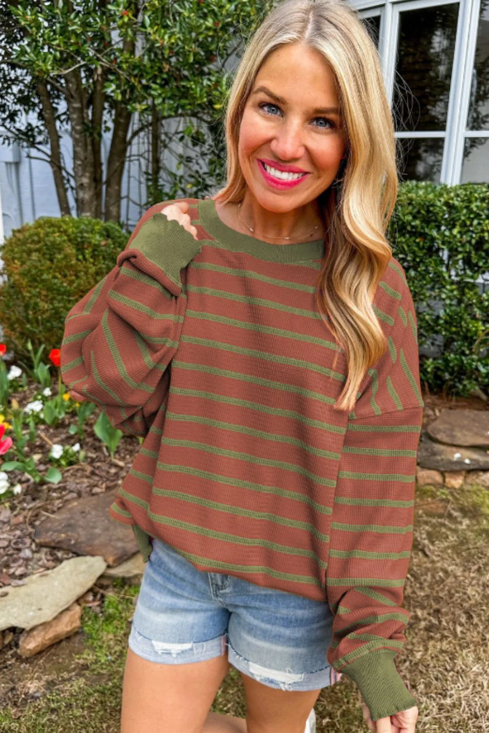 Striped Round Neck Long Sleeve Sweater - Image 2