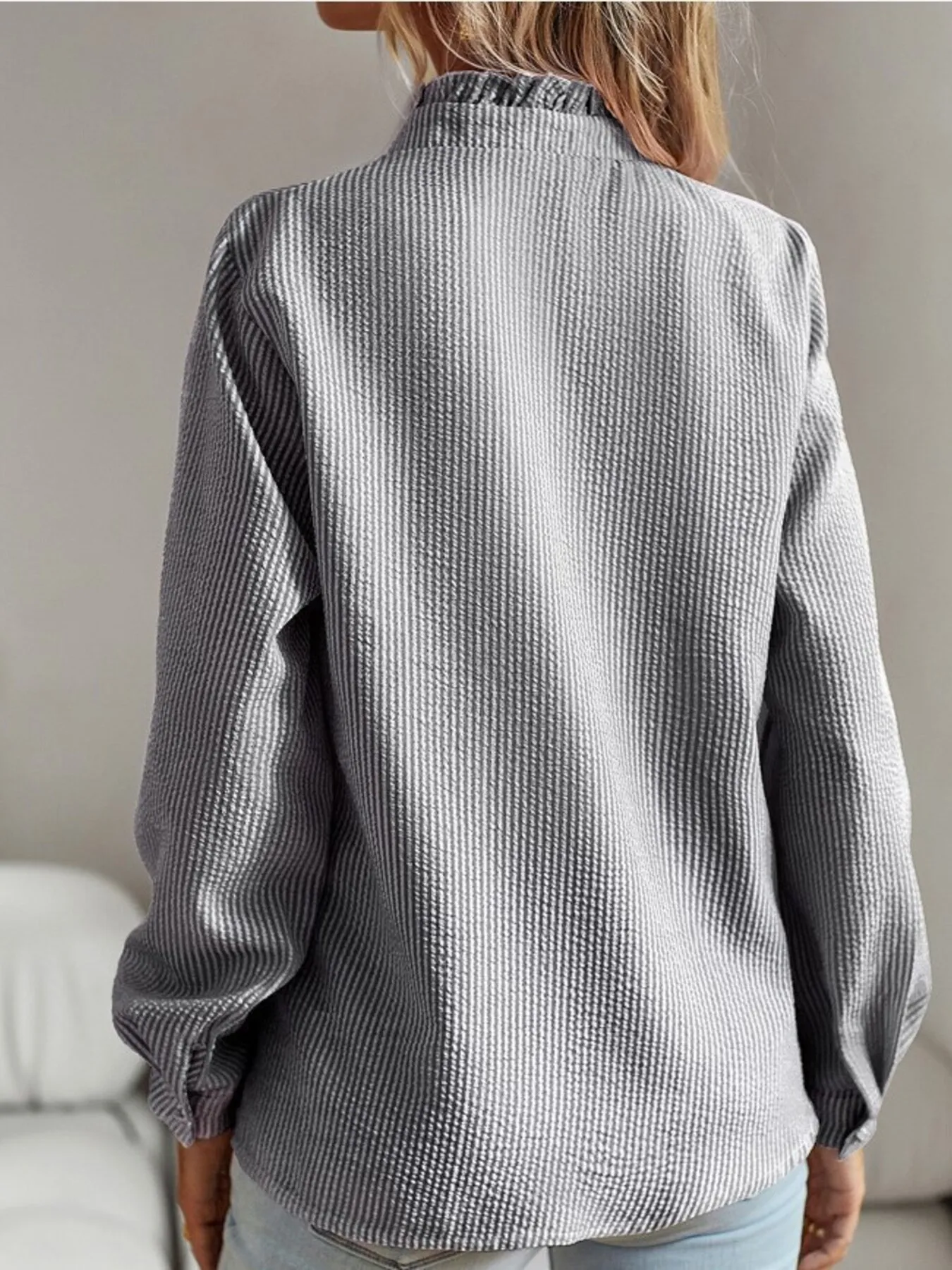 Striped Ruffle Detail Button-Up Blouse - Image 10
