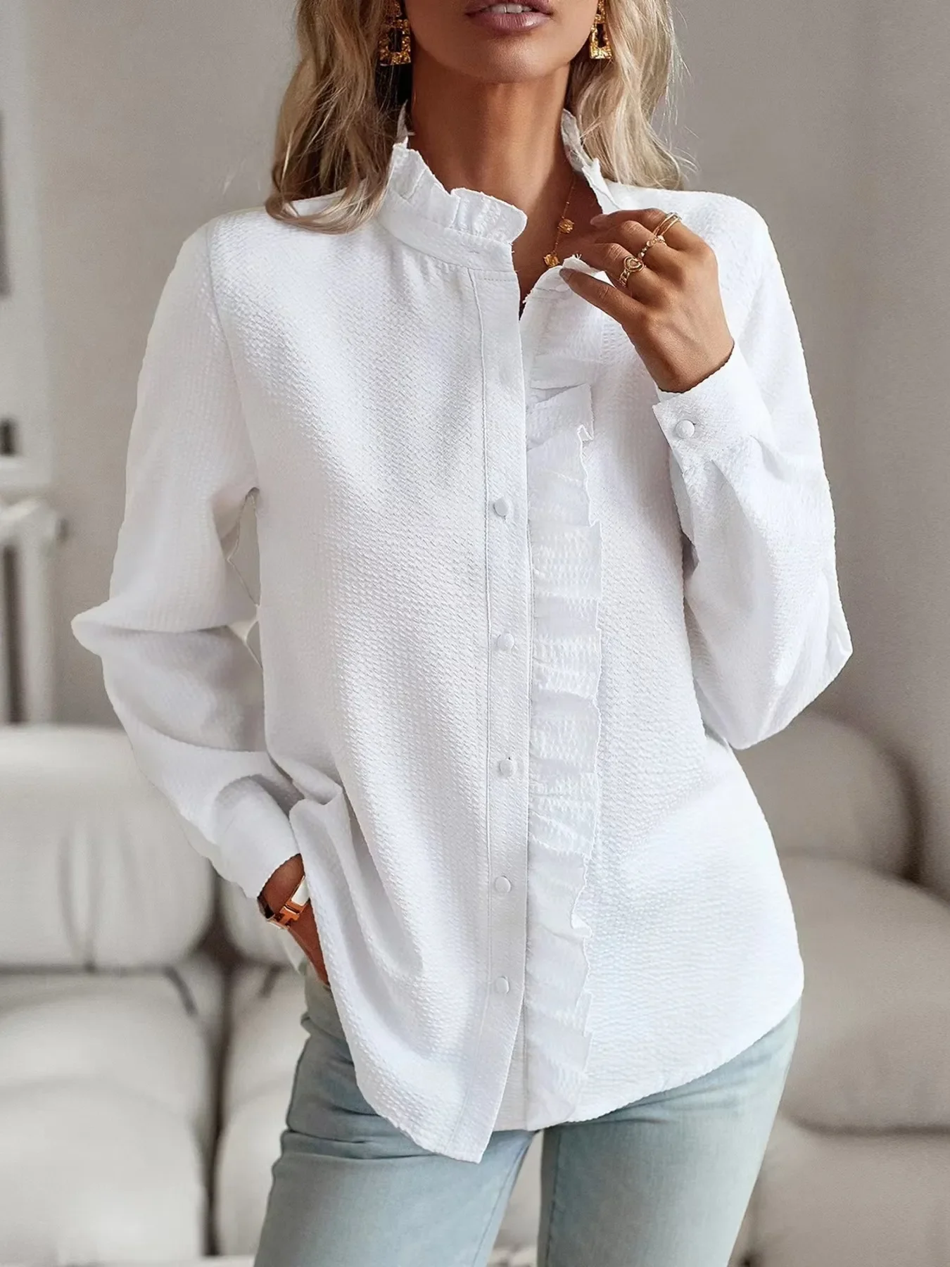 Striped Ruffle Detail Button-Up Blouse - Image 5