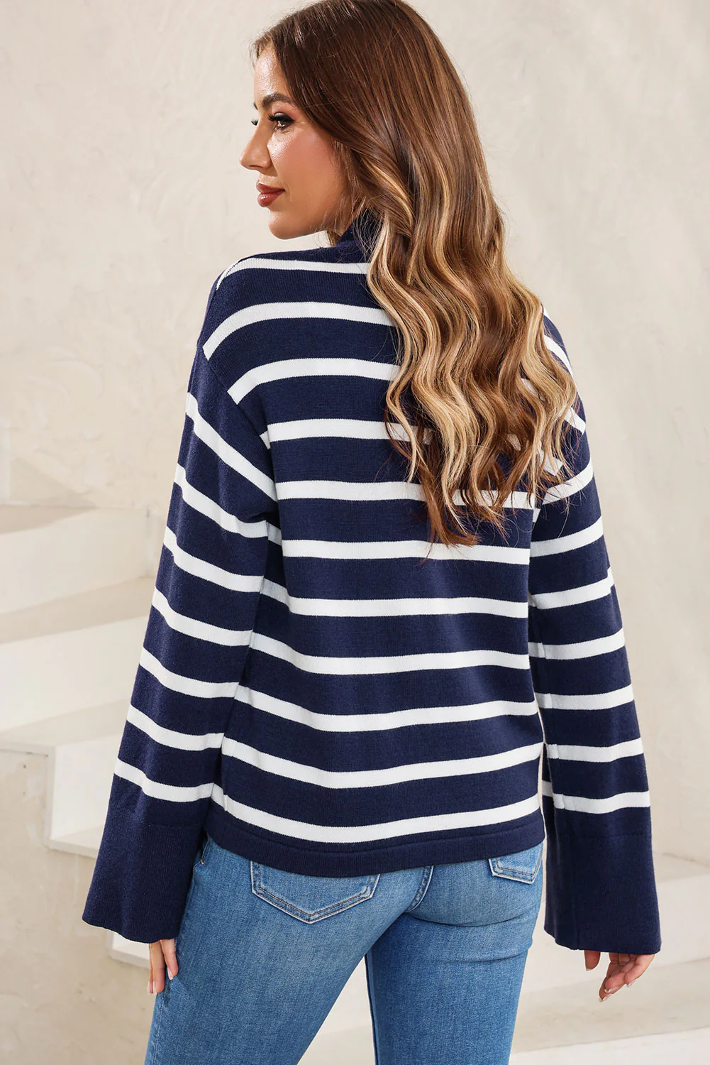 Striped Slit Drop Shoulder Sweater - Image 2