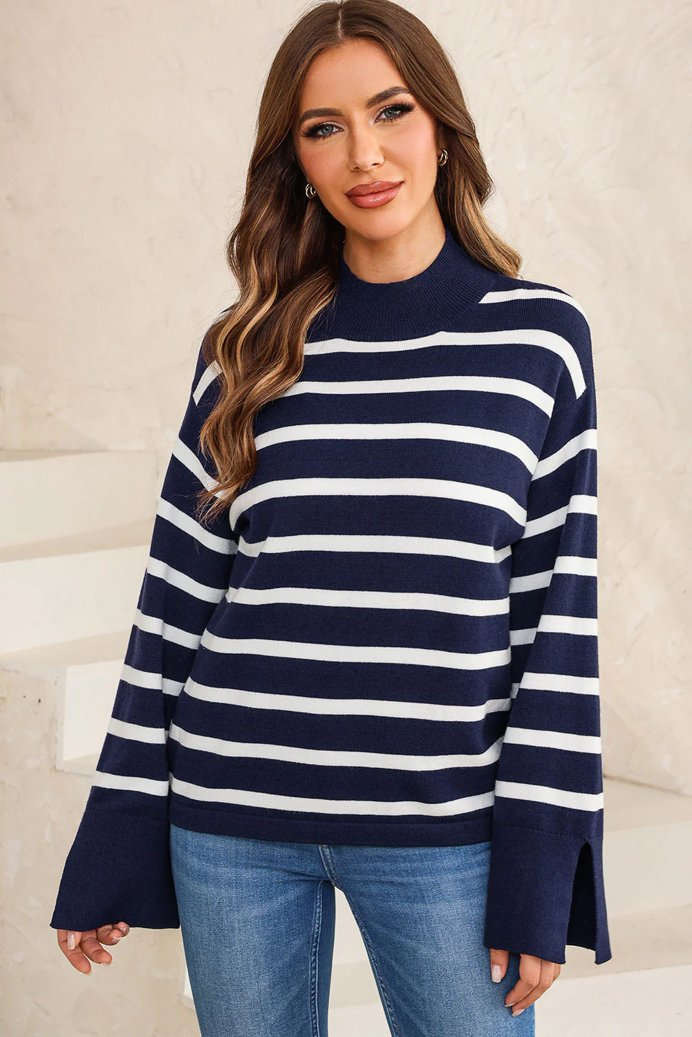 Striped Slit Drop Shoulder Sweater - Image 3