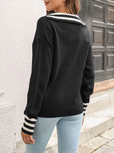 Striped Trim Drop Shoulder Sweater - Image 10