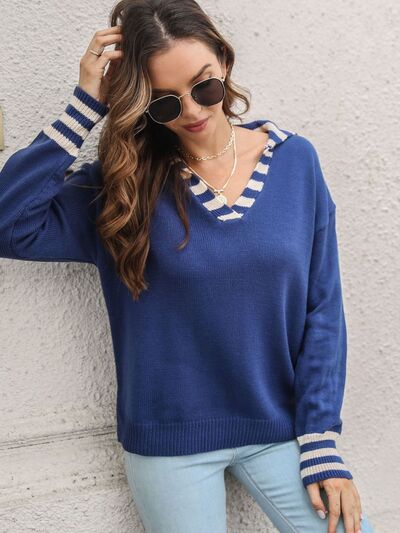 Striped Trim Drop Shoulder Sweater - Image 5