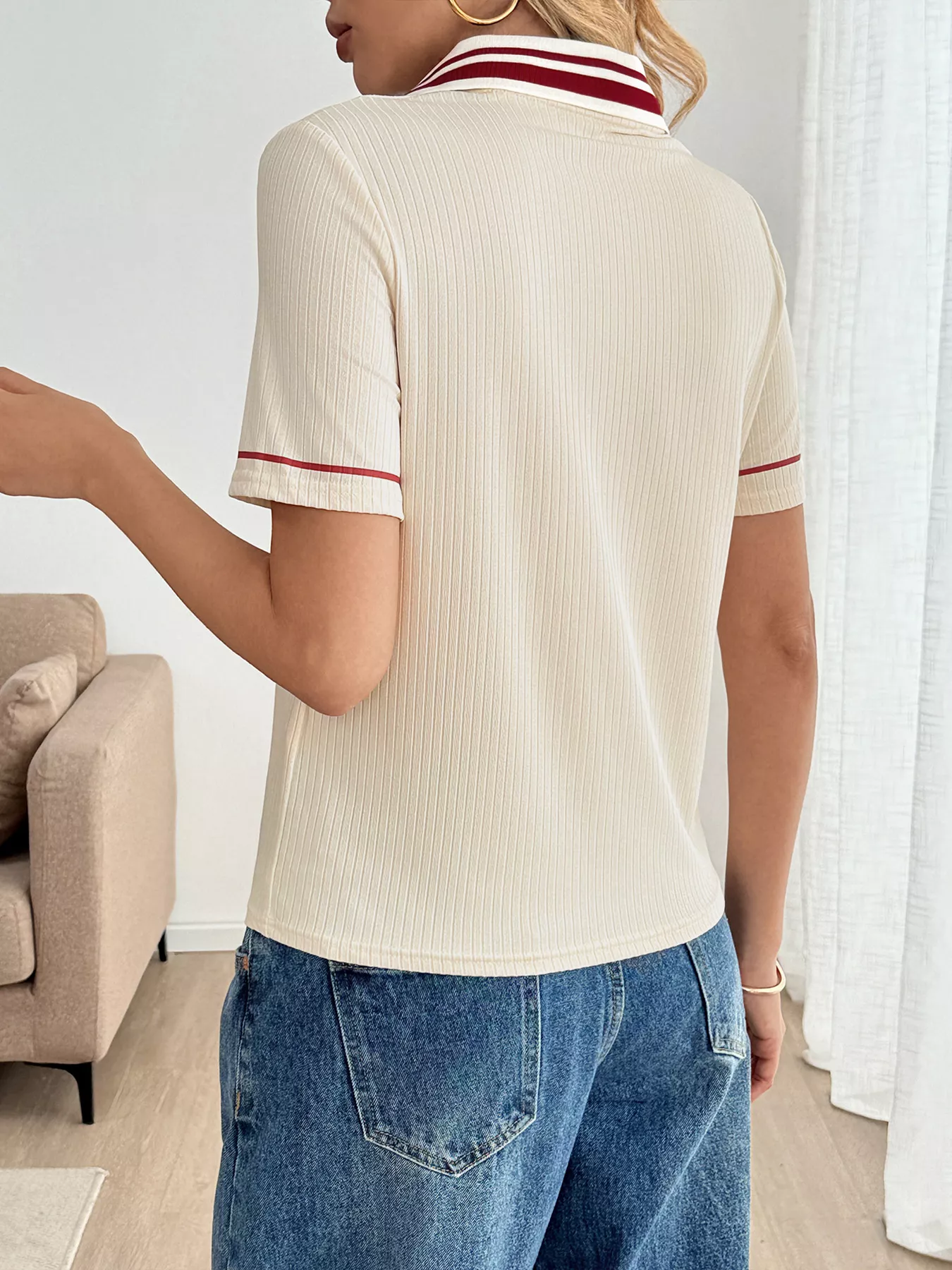 Striped Trim Short Sleeve Top - Image 5