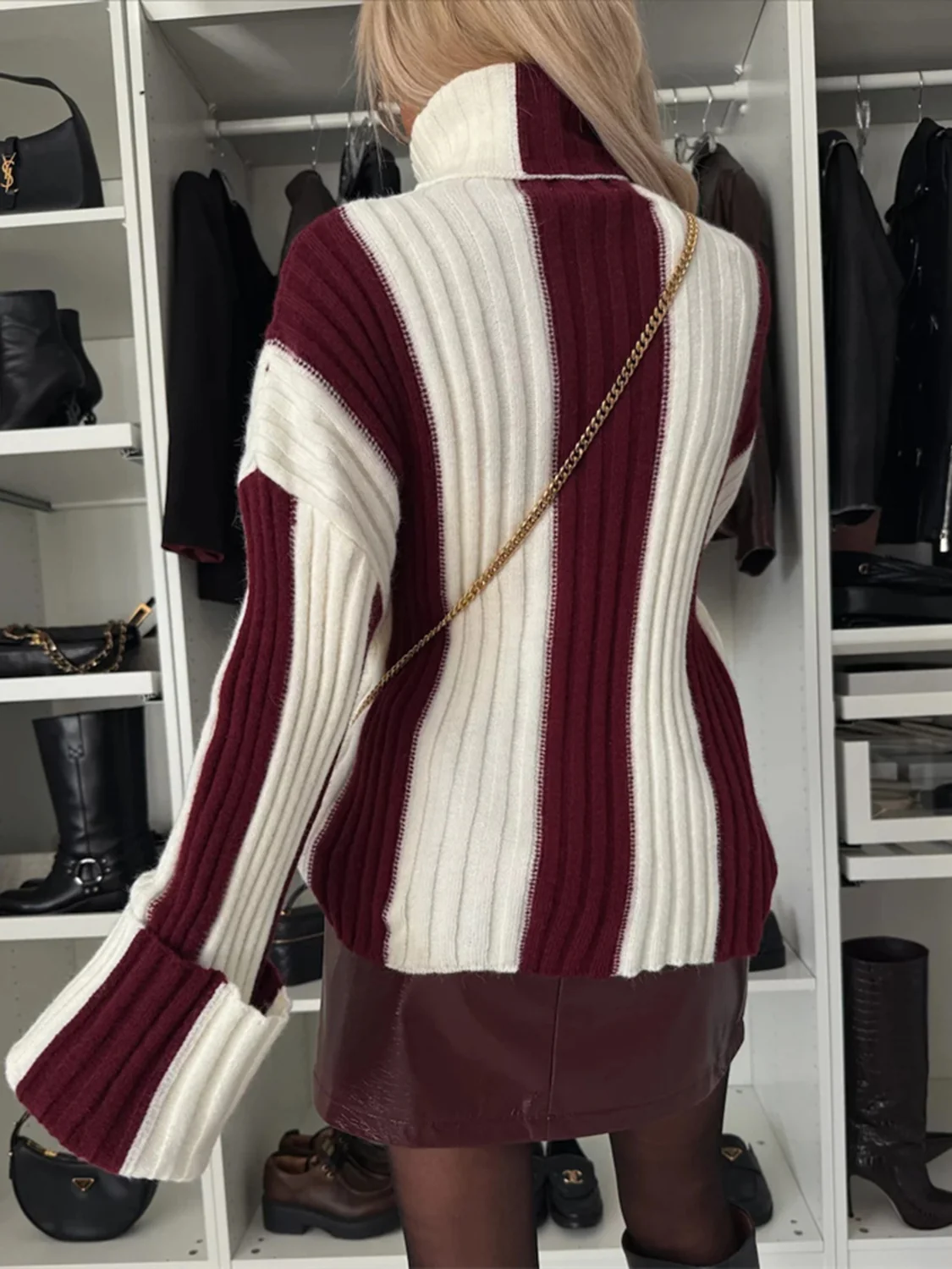 Striped Turtleneck Dropped Shoulder Sweater - Image 5