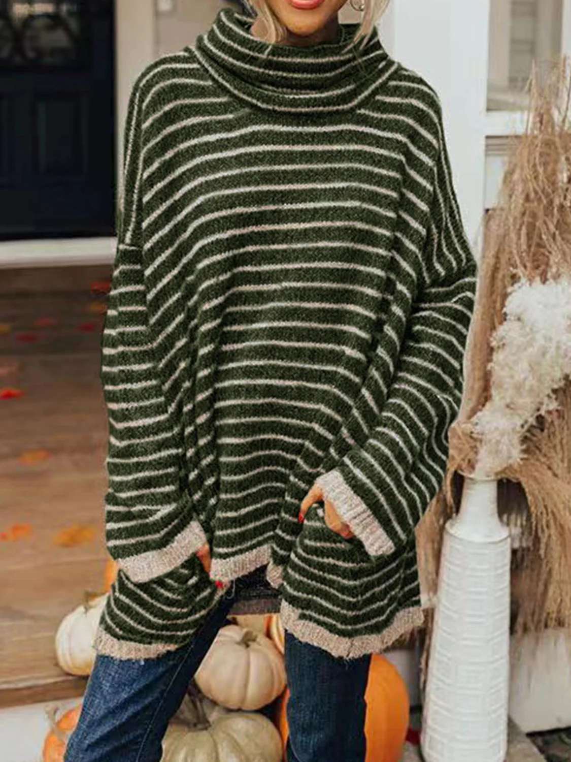 Striped Turtleneck Sweater with Pockets - Image 7