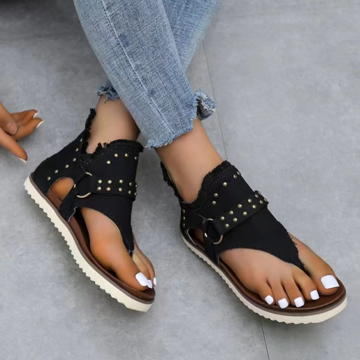 Studded Raw Hem Flat Sandals - Image 11
