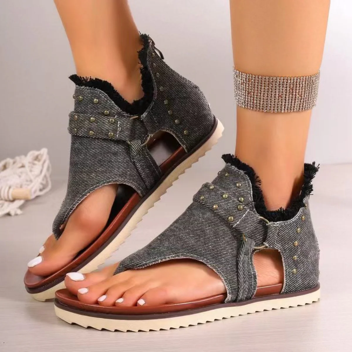 Studded Raw Hem Flat Sandals - Image 13