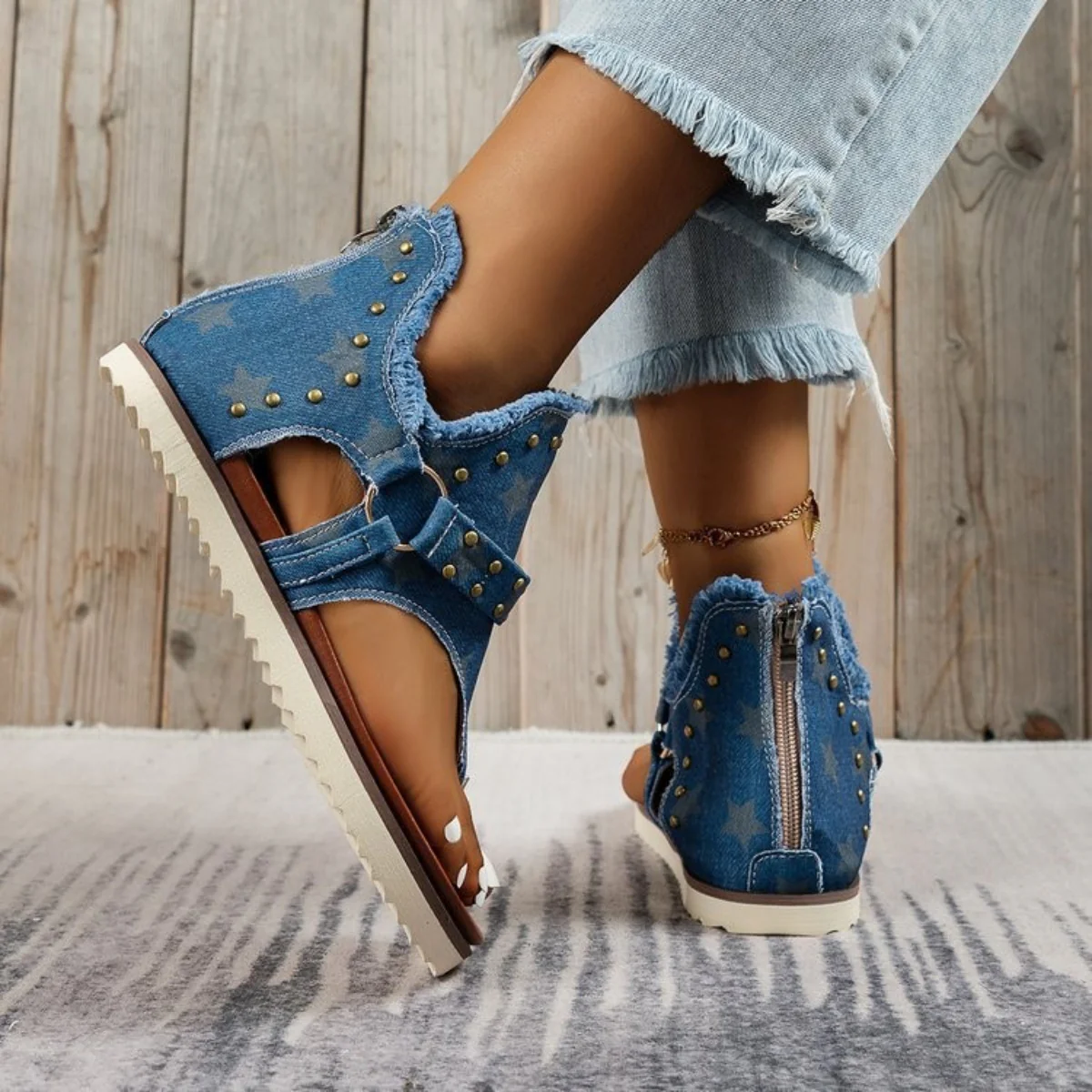 Studded Raw Hem Flat Sandals - Image 2