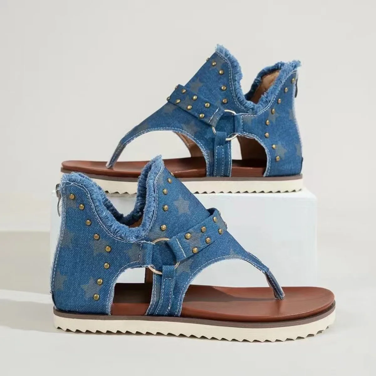 Studded Raw Hem Flat Sandals - Image 3