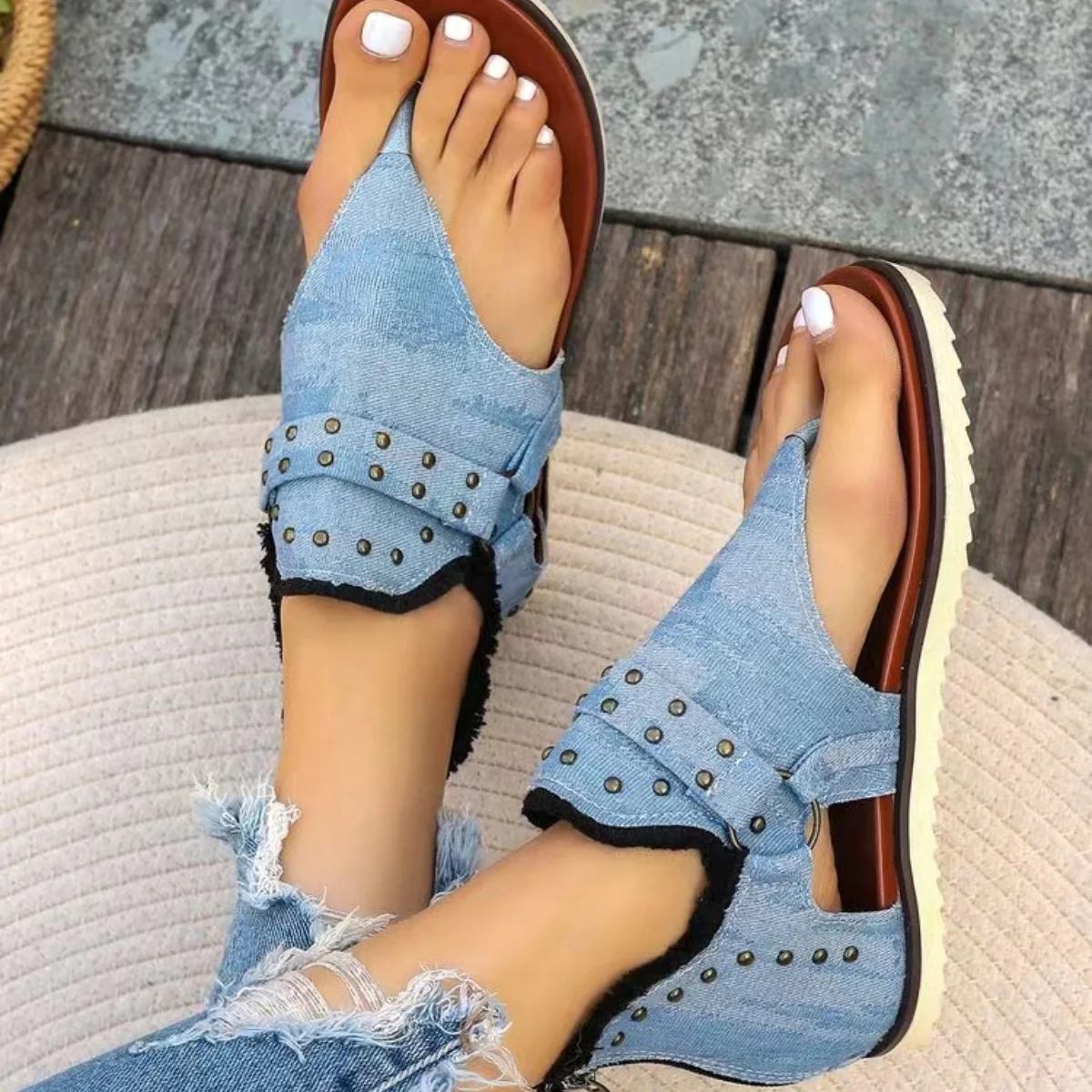 Studded Raw Hem Flat Sandals - Image 4