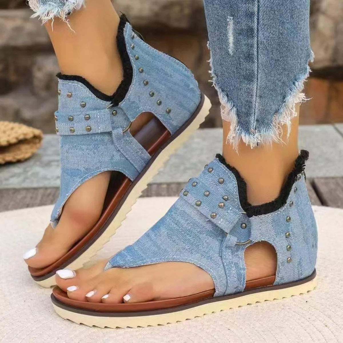 Studded Raw Hem Flat Sandals - Image 5