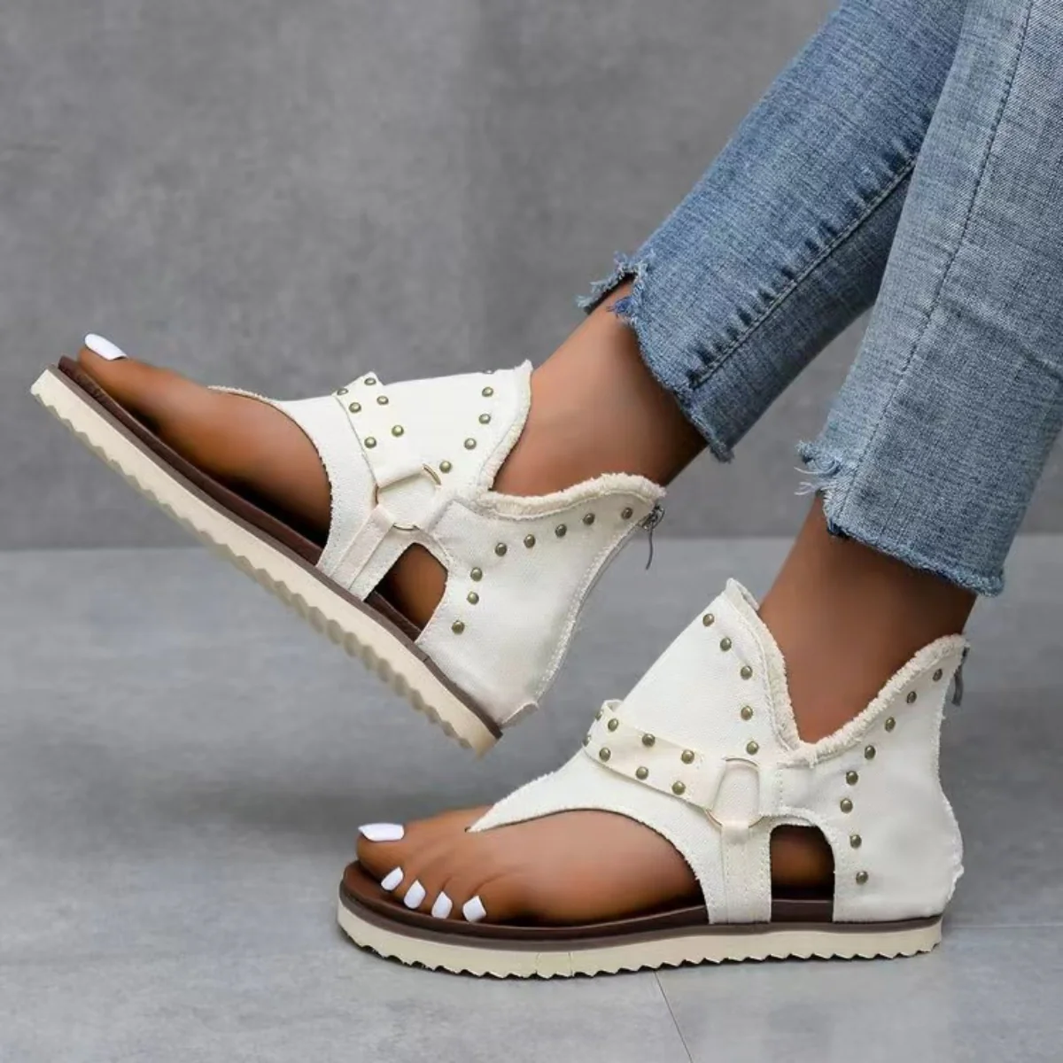 Studded Raw Hem Flat Sandals - Image 9