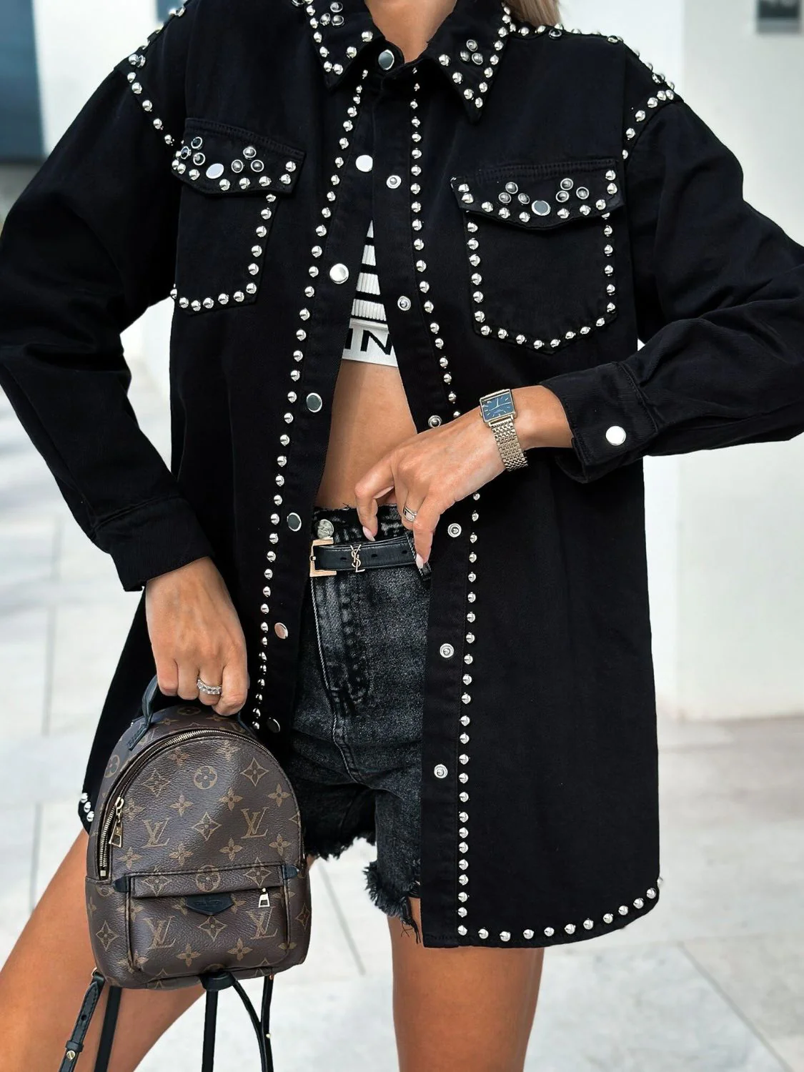 Studded Snap Down Long Sleeve Denim Jacket - Image 4