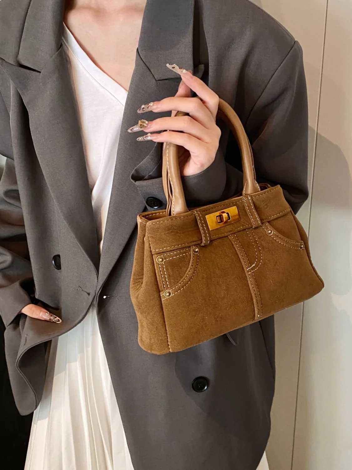Suede Adjustable Strap Double-Use Handbag - Image 12