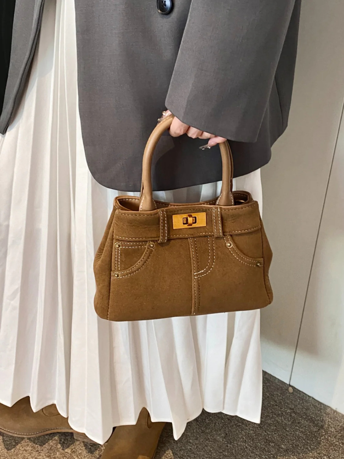 Suede Adjustable Strap Double-Use Handbag - Image 13