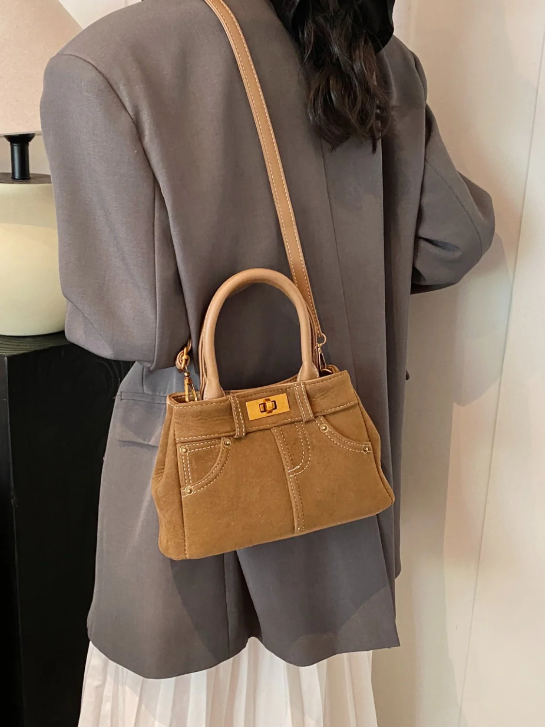 Suede Adjustable Strap Double-Use Handbag - Image 14