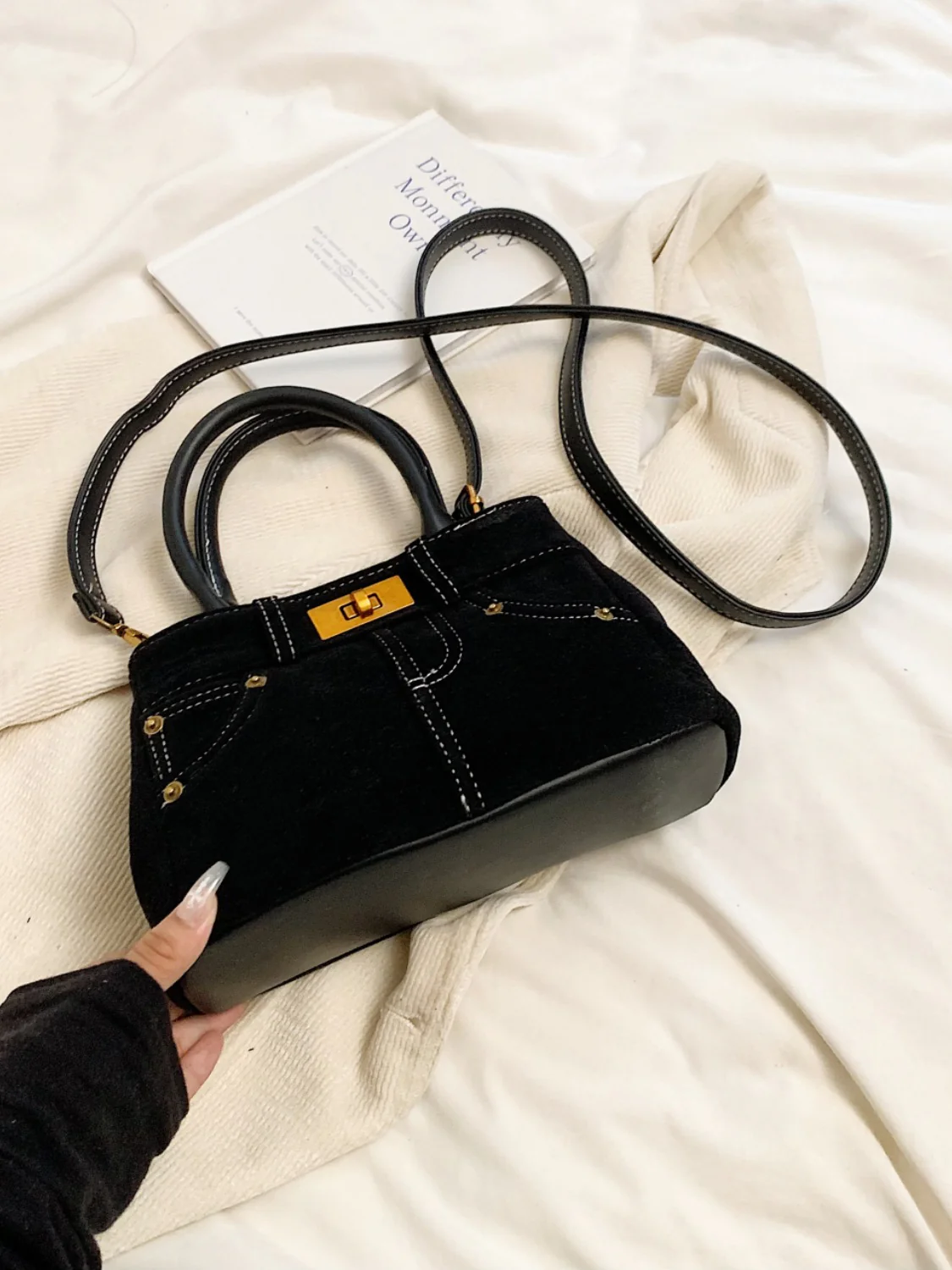 Suede Adjustable Strap Double-Use Handbag - Image 2