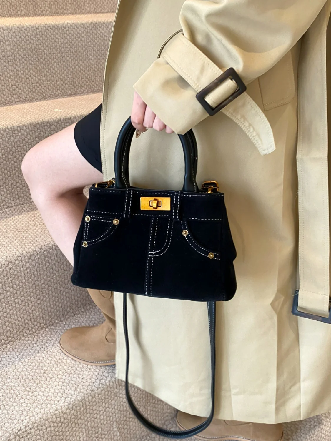 Suede Adjustable Strap Double-Use Handbag - Image 5