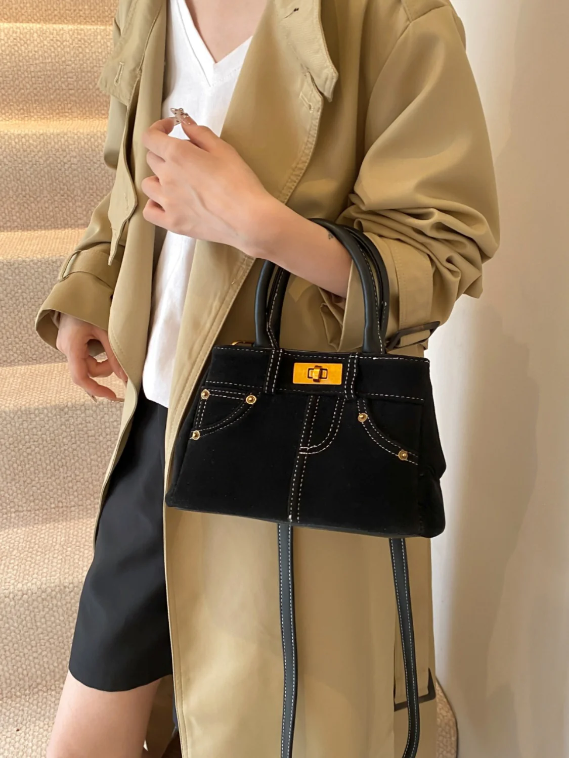 Suede Adjustable Strap Double-Use Handbag - Image 6