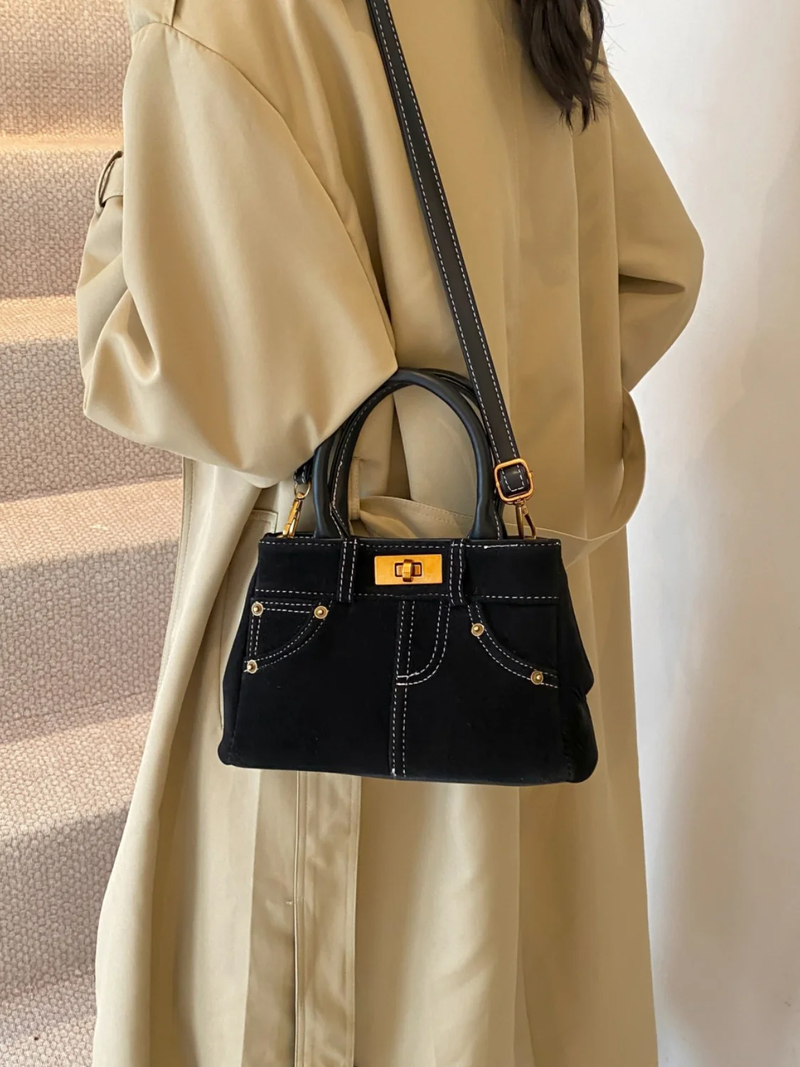 Suede Adjustable Strap Double-Use Handbag - Image 7